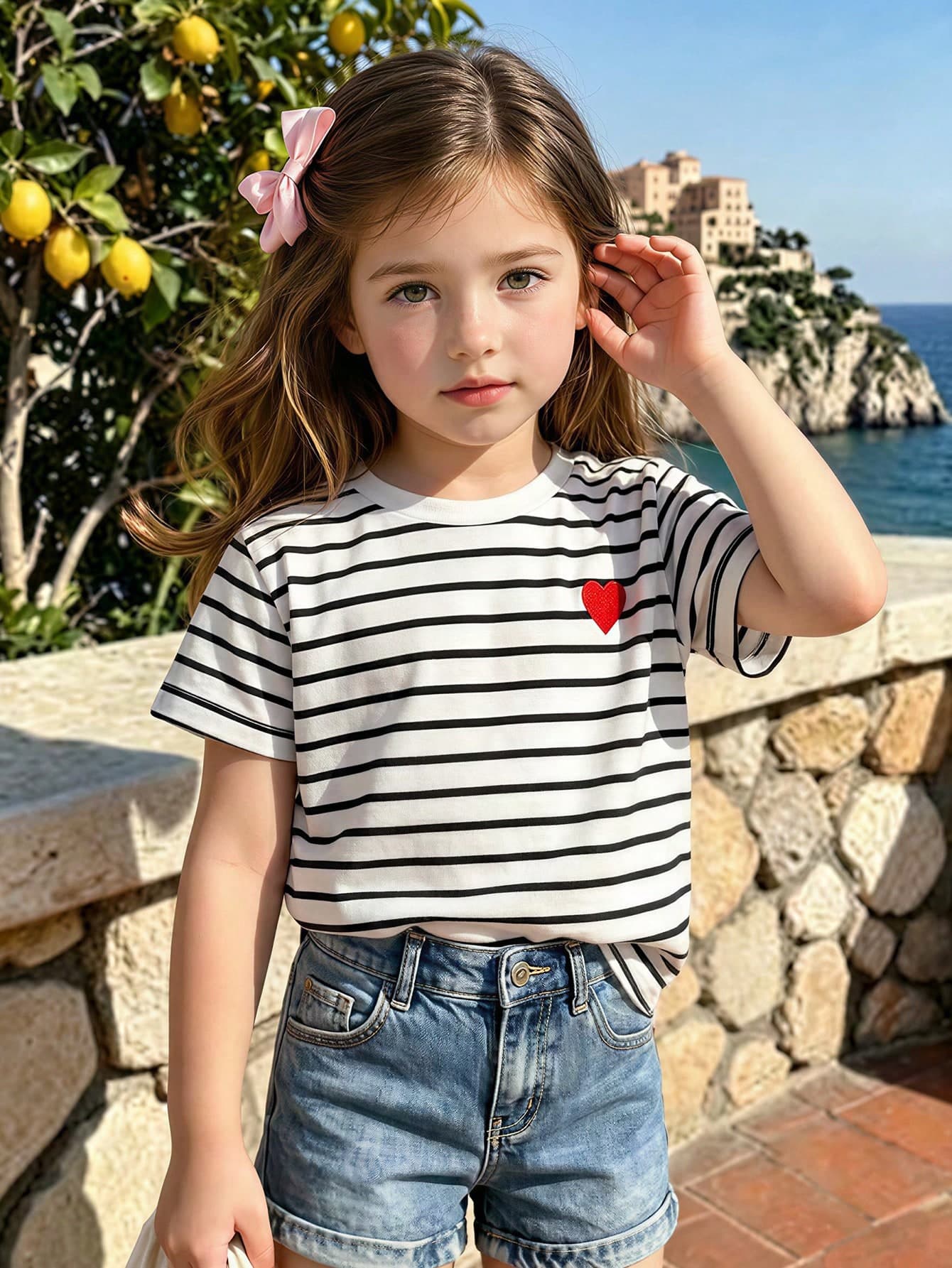 SHEIN Young Girl Heart Embroidery Stripe Tee