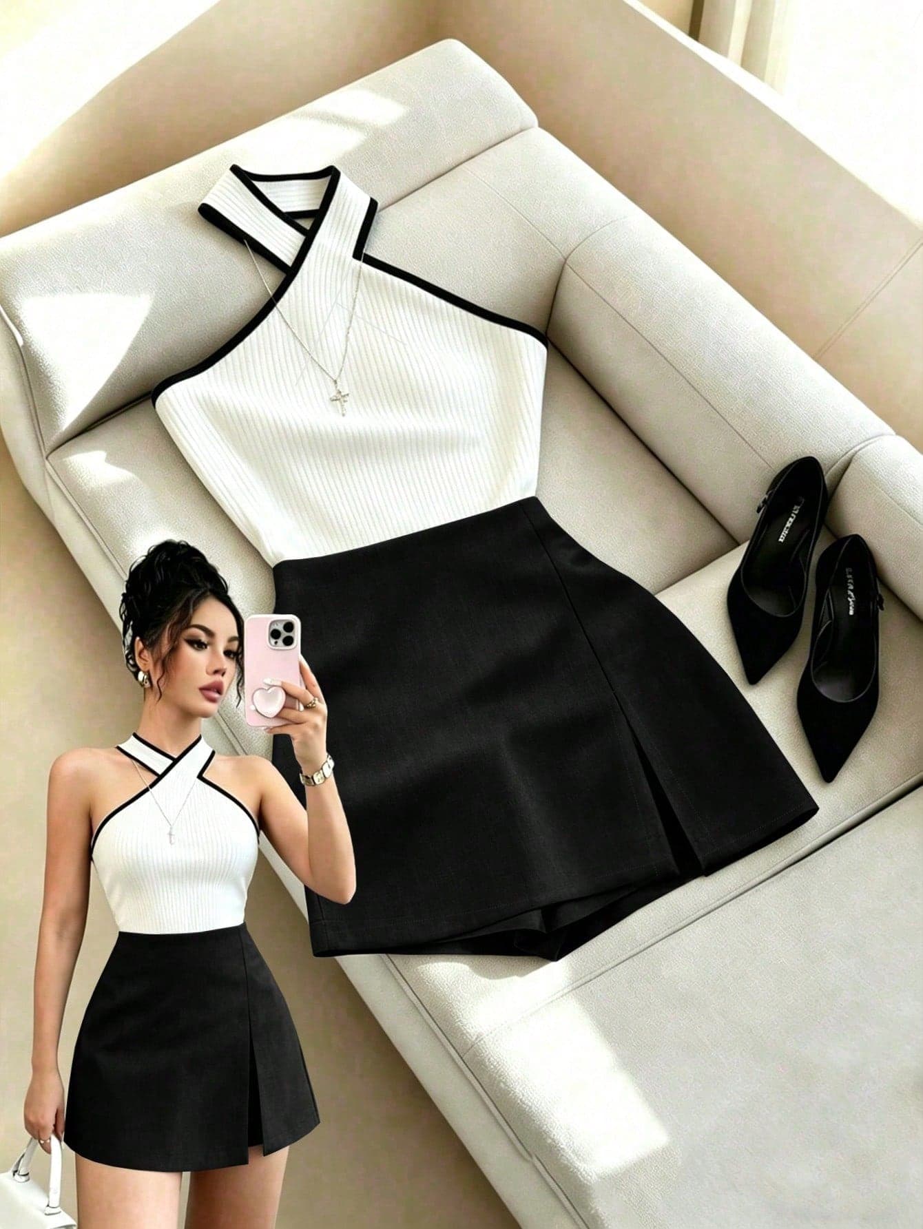 Franclia Women's Black Contrast Color Cross Neck Top Paired With Grey Double-Layer Elegant Pants, 2 Pieces Outfit For Spring/Summer Daily Commute