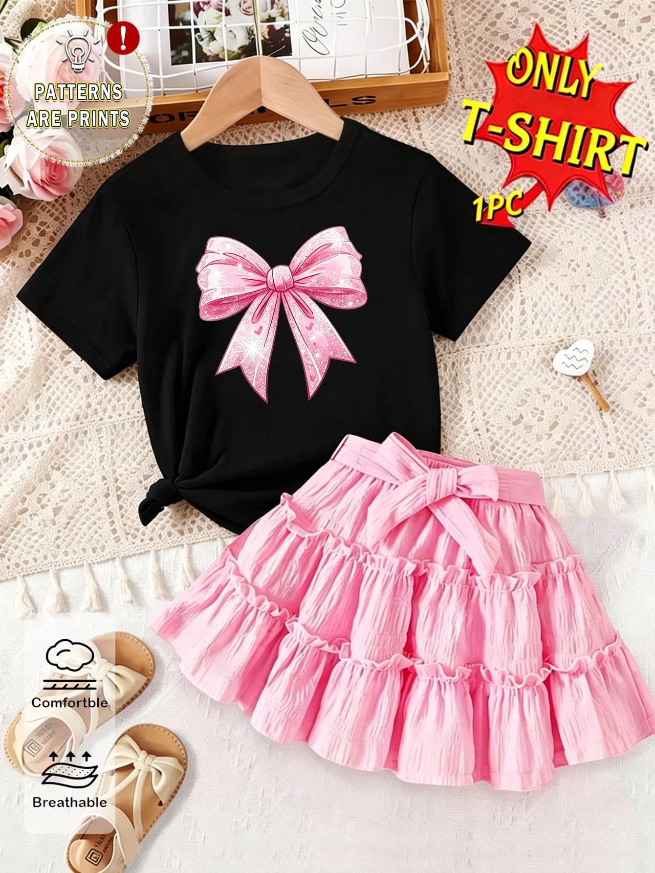 Elladie kids Girls' Fresh Fashion Cute Glitter Pink Bow & Heart Pattern Basic Black Short Sleeve T-Shirt, Comfortable Daily Wear For All Seasons