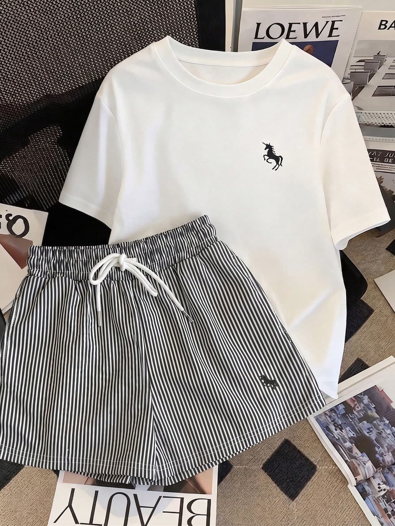 Resyla 2026 Girly Outfit For Women, Summer - Loose Horse Embroidery T-Shirt + High Waist Striped Shorts, Petite Enhancing 2pcs Set