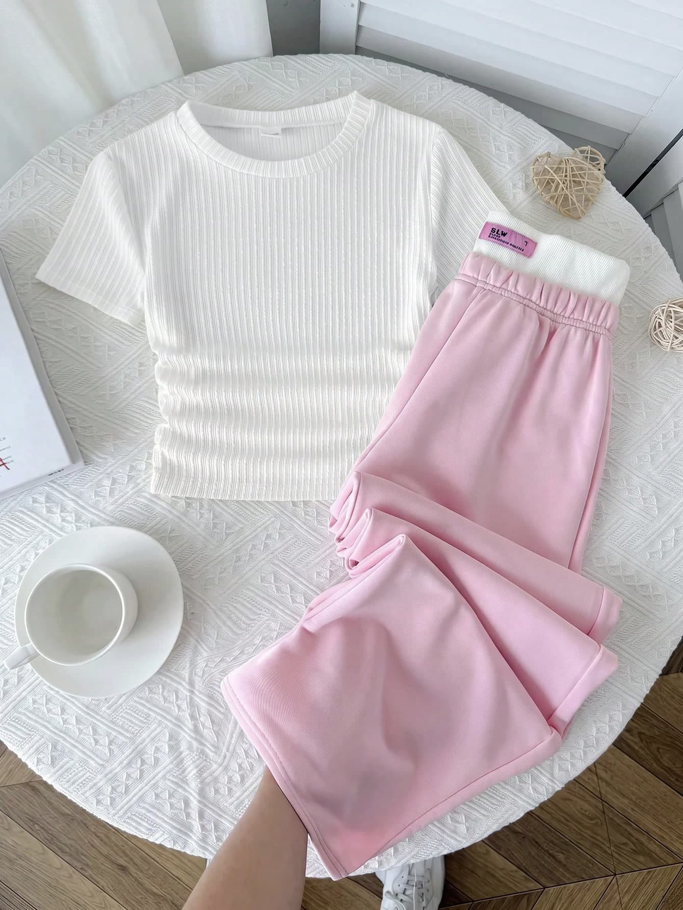 Kids Tween Girl 2-Piece Casual Set, Round Neck Ruched Knit Jacquard Striped Top With Colorblock Y2K Pink And White Waistband Straight Leg Wide Leg Knit Pants, Kids Outfit