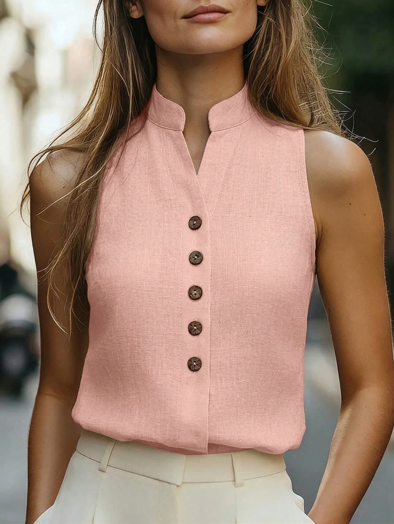 SHEIN Women's Summer Apricot V-Neck Sleeveless Casual Elegant Sophisticated Blouse, College Campus Style For Back To School, Festival, Labor Day, Travel, Vacation, Street, Beach, Versatile Niche Design Fashion Essential Top