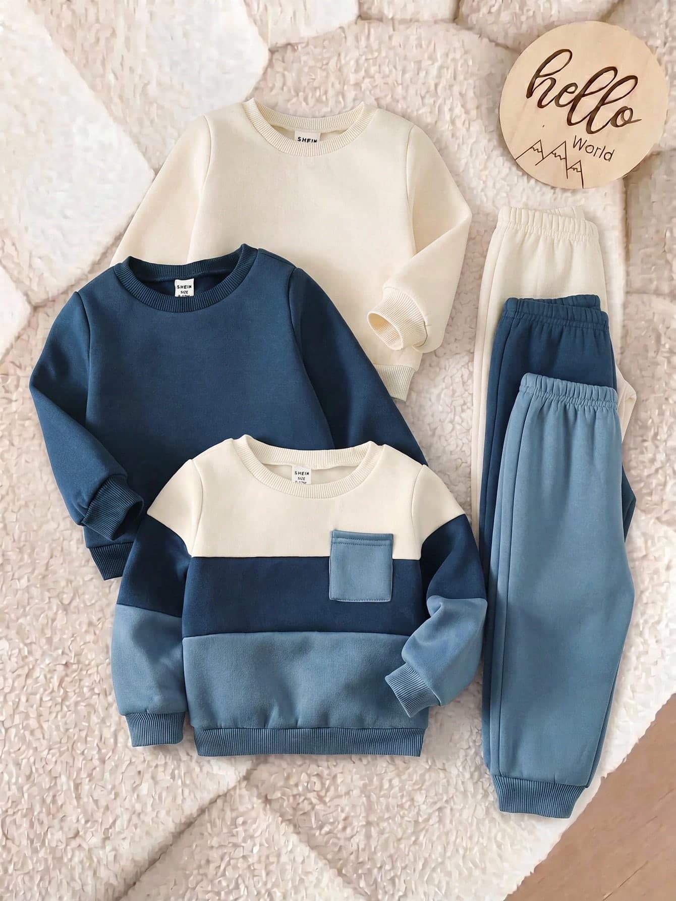 SHEIN Baby Boy Contrast Color Knit Soft Round Neck Long Sleeve Pullover And Elastic Waist Winter Pants Set Pcs
