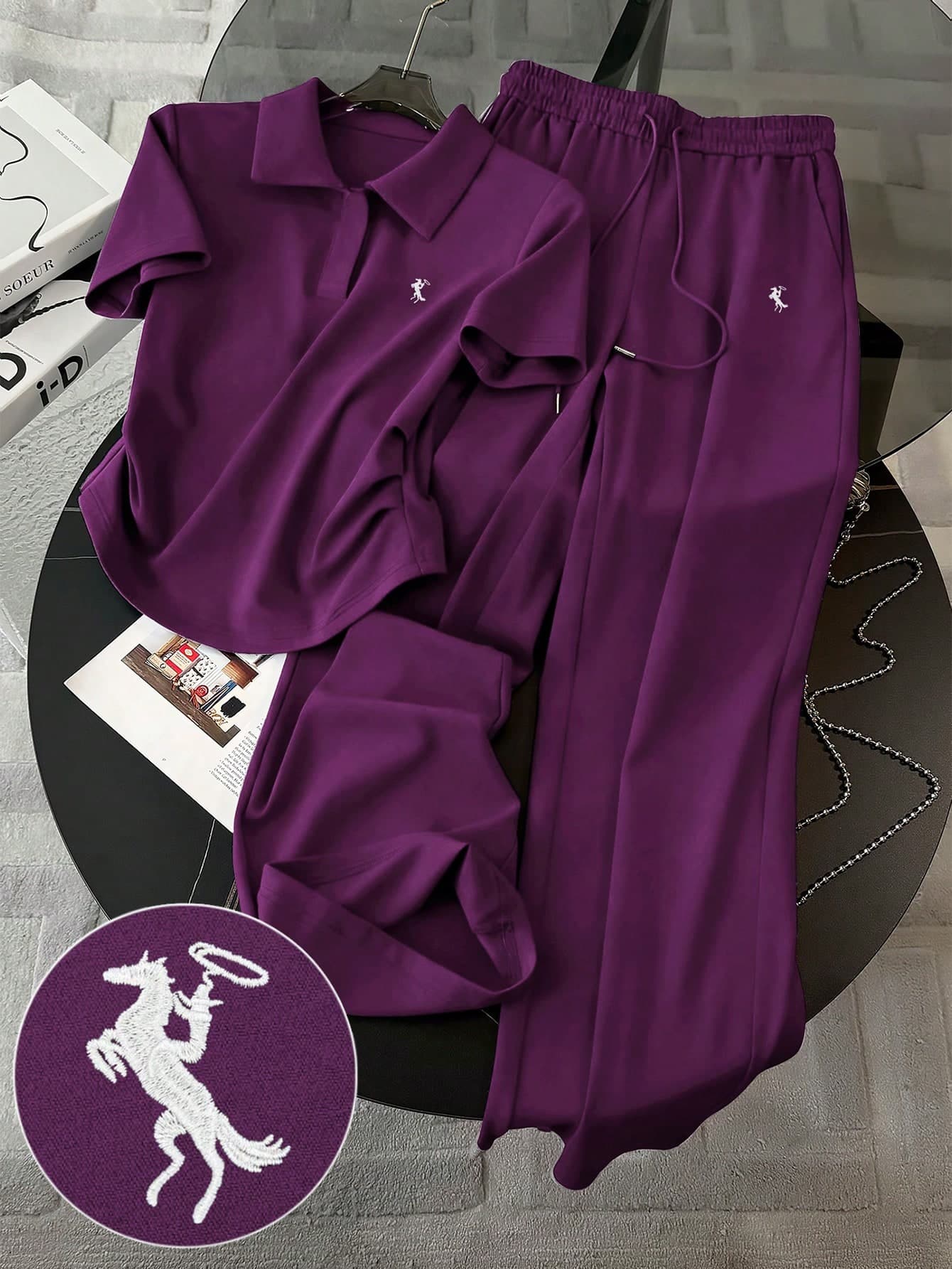 Franclia Embroidered Minimalist Women's Polo Collar T-Shirt + Pants Set, Gift For Friends