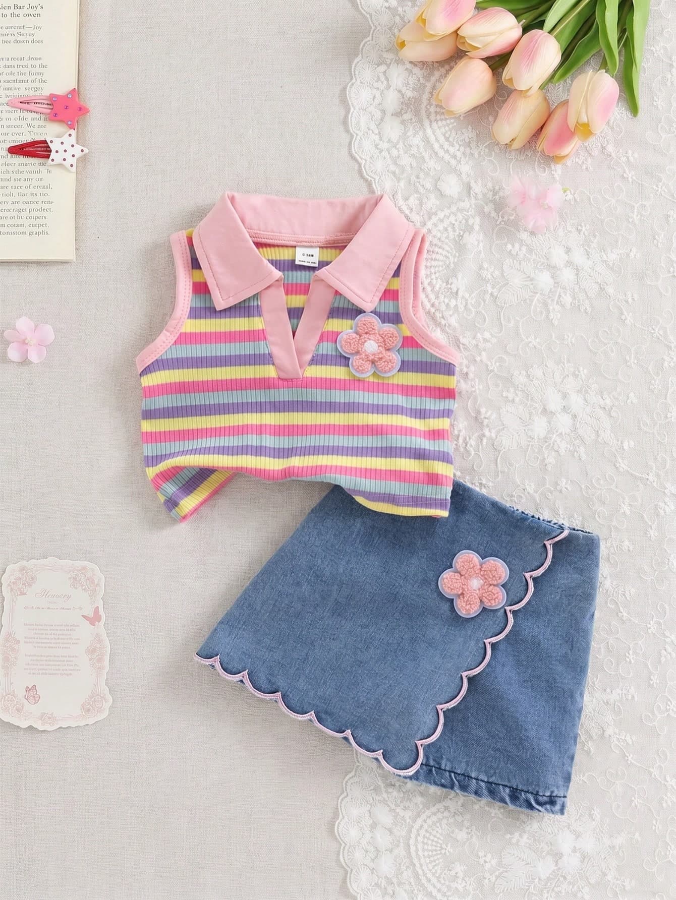 SHEIN Baby Girl Summer Sweet 2-Piece Set, Pink POLO Collar Striped Ribbed Sleeveless Tank Top With 3D Crochet Flower Embellishment, Paired With Wavy Ruffle Denim Shorts With Matching Flower Decor, Elastic Skin-Friendly Fabric, Vintage Pastoral Style, Stylish Baby Outfit For Travel And Daily Wear