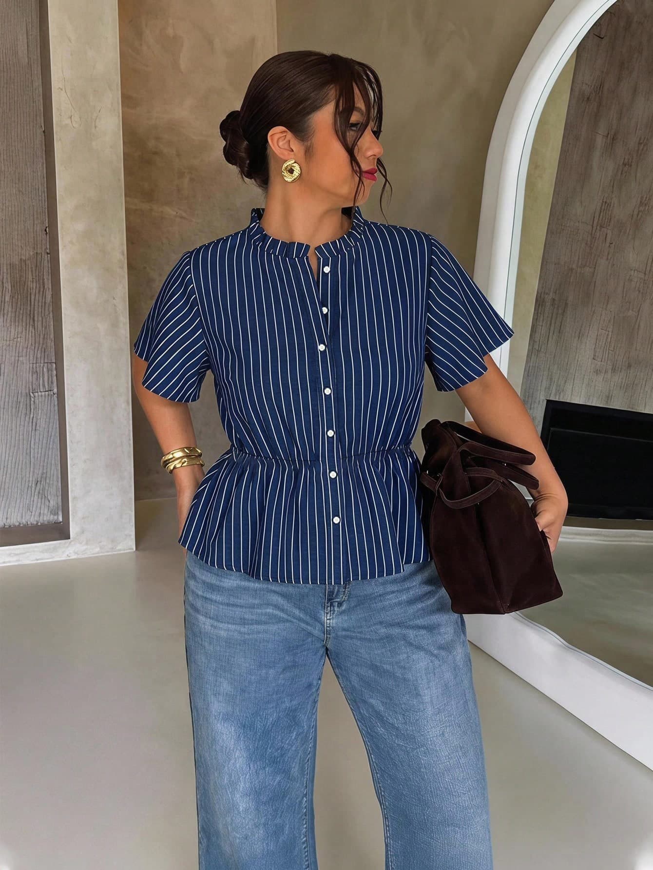 Firerie Plus Size Women's Striped Pleated Casual Versatile Daily Travel Shirt