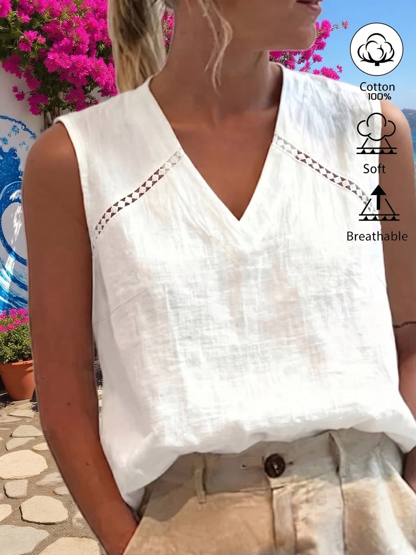 Weeklong White Sleeveless V-Neck Linen-Cotton Shirt, Hollow Lace Splicing, Pastoral Resort Style, Plus Size Summer Top