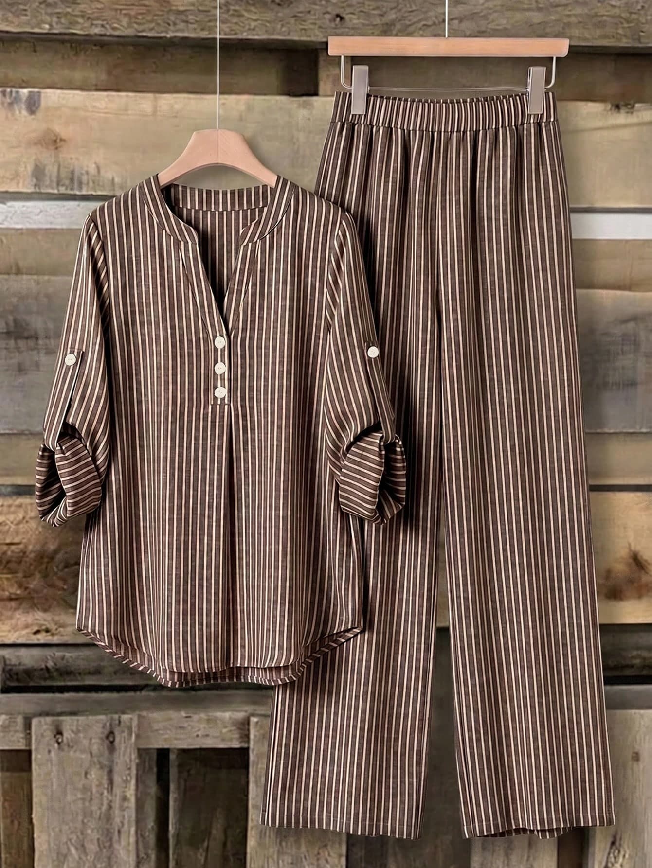 Rusticease Women's Minimalist Button Striped Colorblock Shirt And Loose Long Pants 2 Pieces Set
