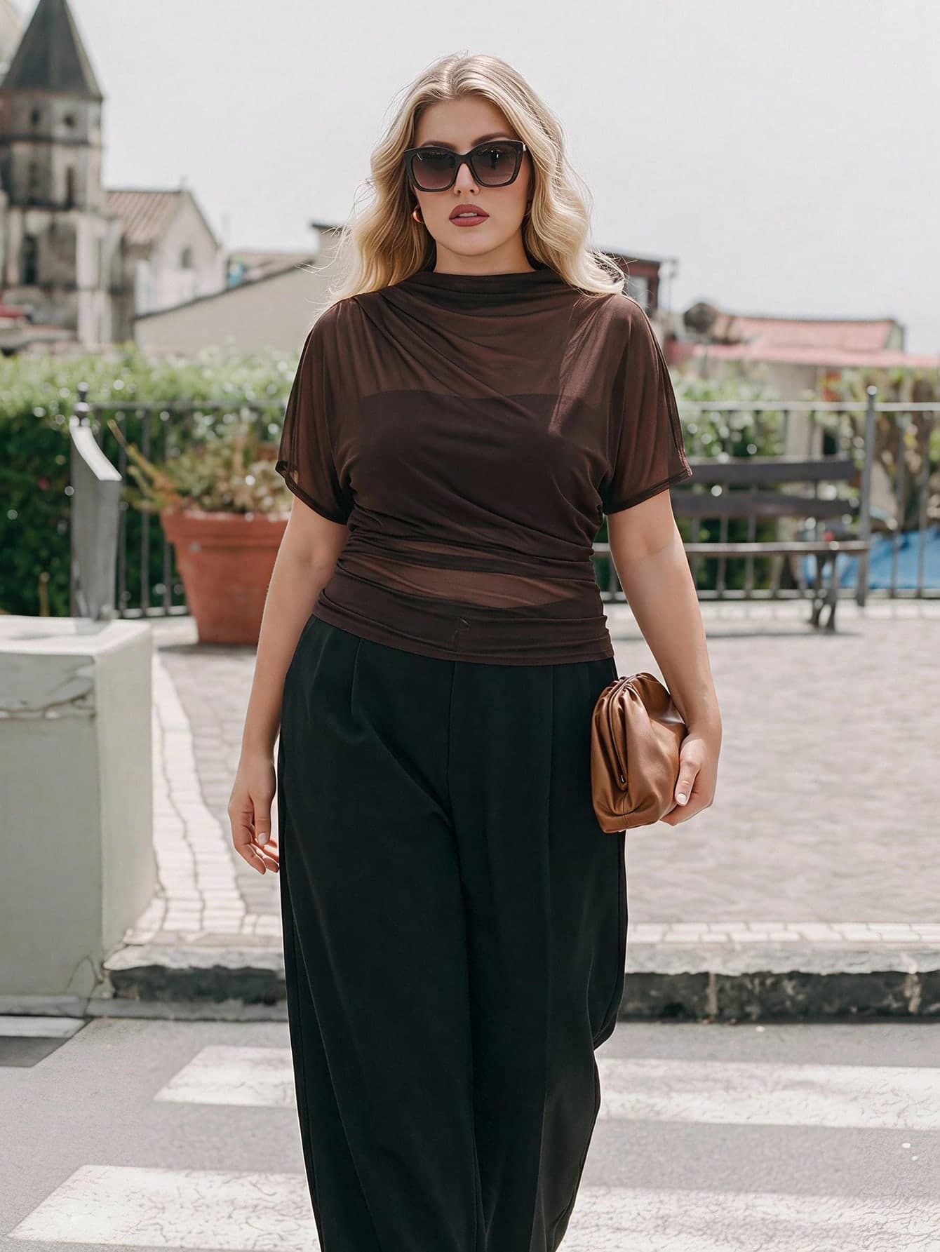 Maija Plus Size Women's Elegant Brown Sheer Mesh Blouse,Ruched Date Night Club Top Girlism Outfits,Old Money Office Work Summer Tops Autumn Outfit Halloween