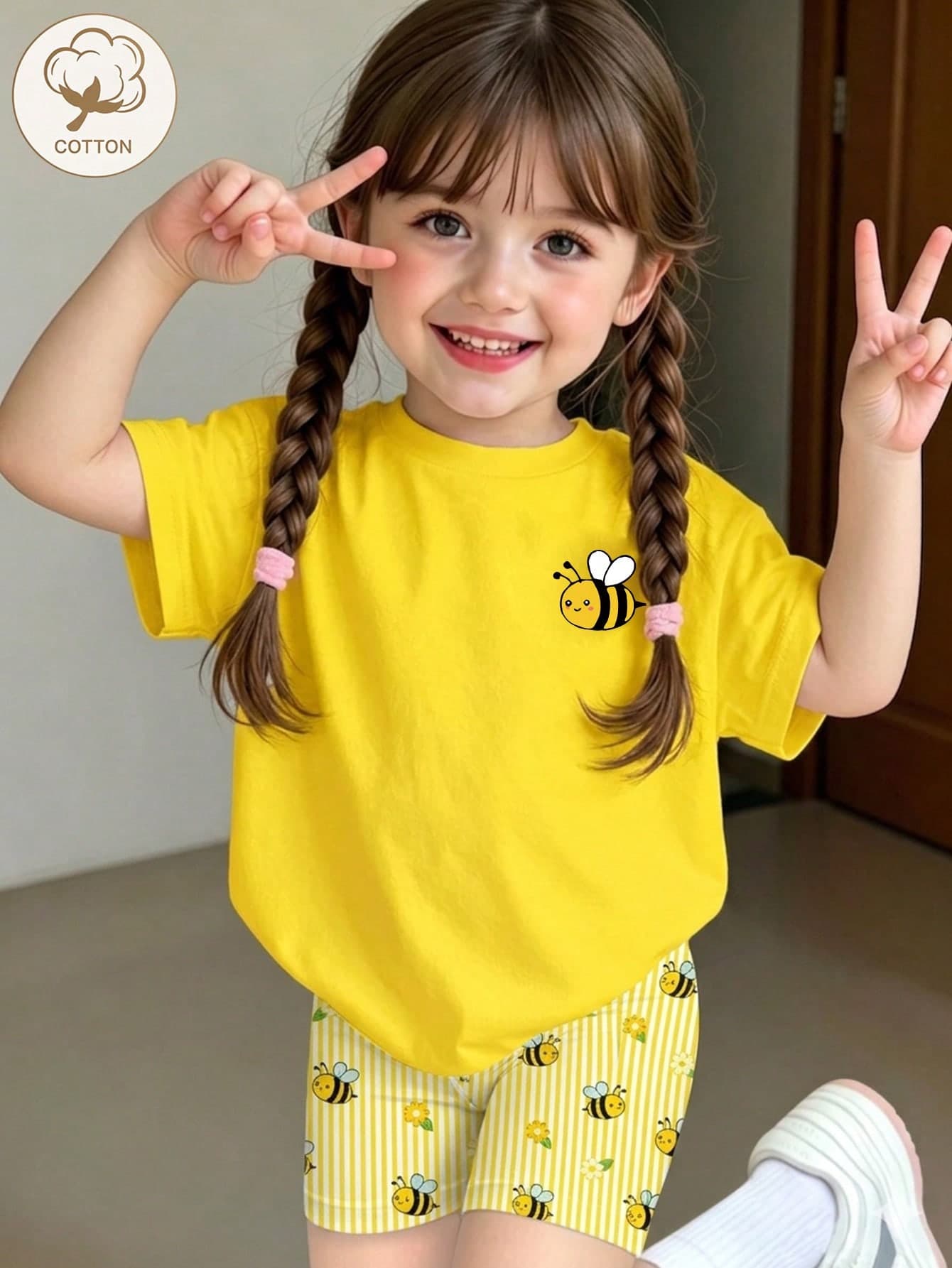 SHEIN 2pcs Fresh & Cute Baby Girl Outfit Set, Solid Yellow Little Bee Print Crew Neck Cotton Short Sleeve Top With Yellow & White Striped All-Over Bee Print Fitted Shorts, Suitable For Outings, Shopping, Daily Wear, Spring & Summer