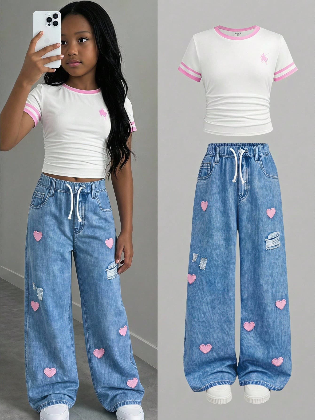 SHEIN Kids Tween Girls Spring Summer Autumn New Fashion Casual Simple White & Pink Print T-Shirt + Faux Denim Pink Heart Pattern Long Pants 2pcs Set, Casual Daily Versatile Outfit For Outings, School, Vacation