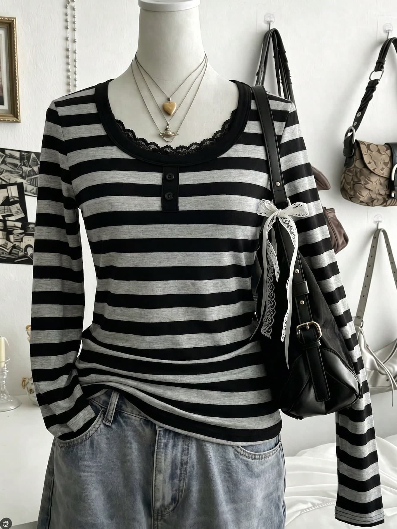 SHEIN Teen Girls Grey & Black Striped Collar Button Decor Lace Trim Long Sleeve Casual Versatile Design T-Shirt, Suitable For Spring & Autumn, Daily Outings, Commuting, Travel, Gatherings