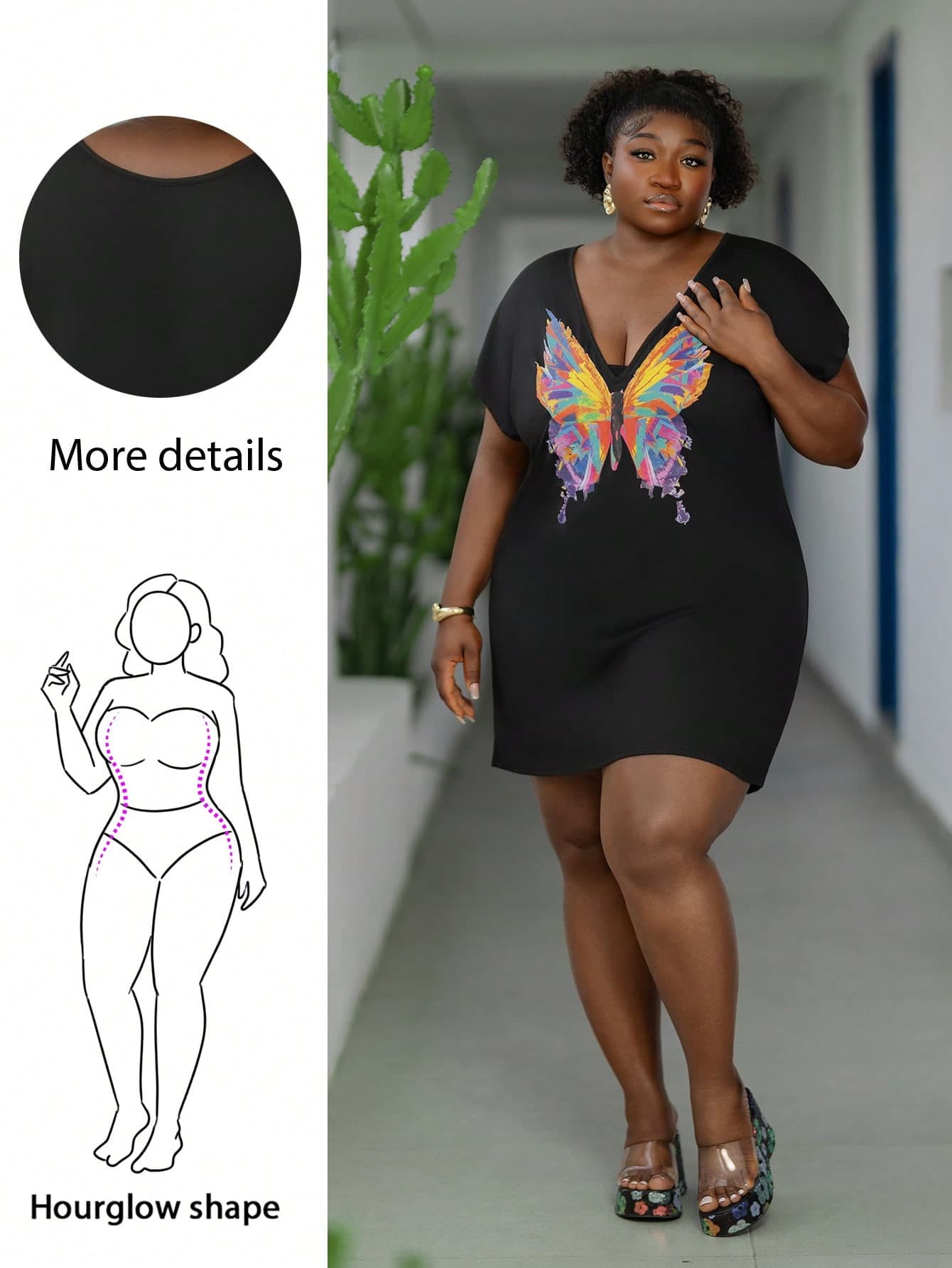 CurvyTilda Plus Size Boho Butterfly Print Batwing Sleeve Tee Dress Elegant