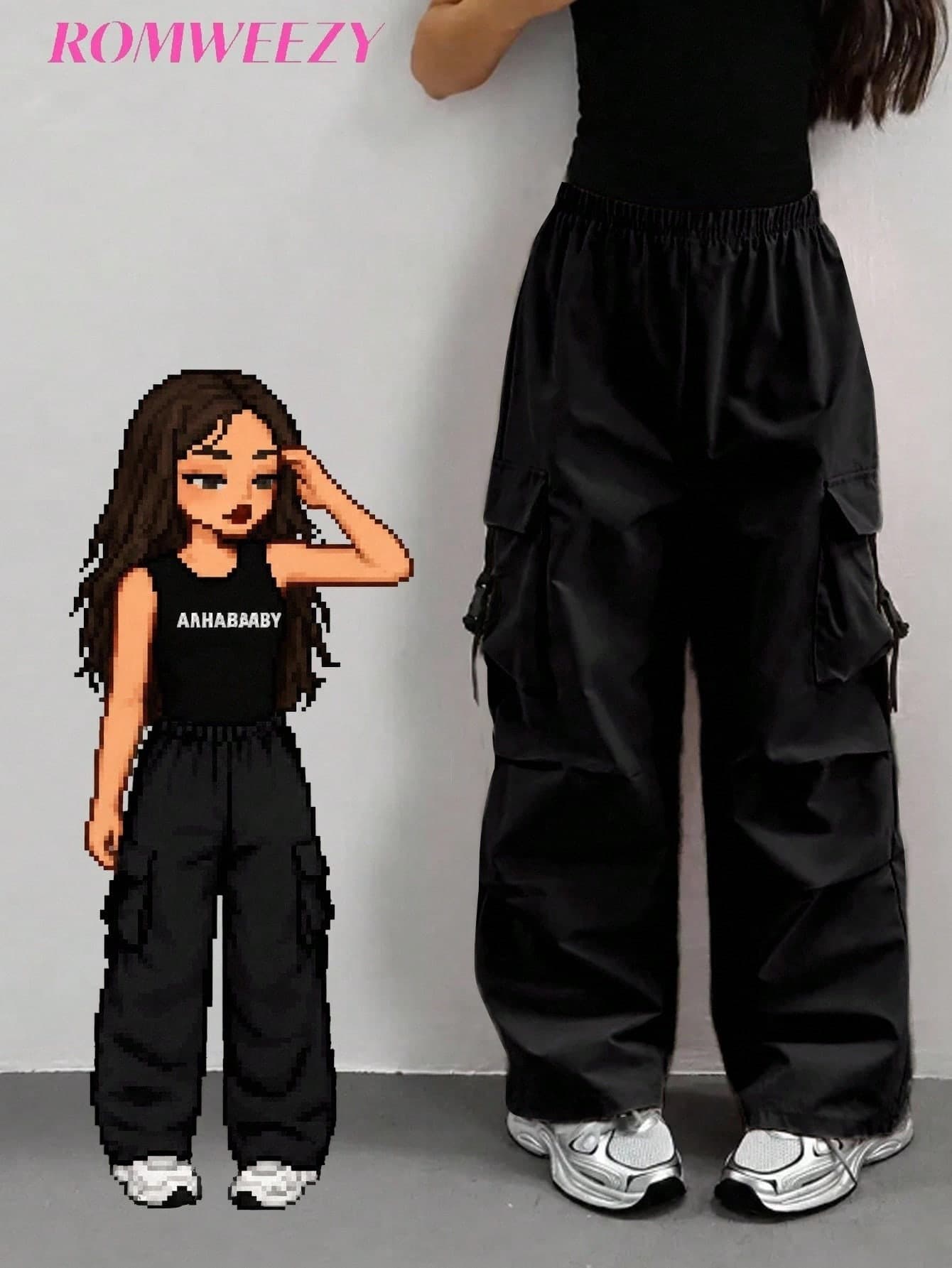 SHEIN Sparklyn Tween Girls Black Straight Leg Cargo Pants With Elastic Waistband Full Length Polyester Casual Streetwear Trousers