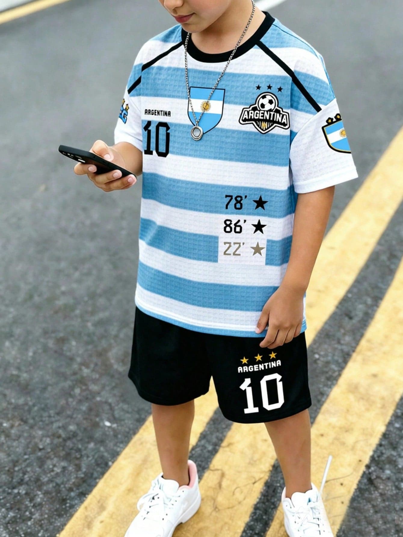 Boys' Argentina Blue & White Striped Badge Football Star 10 Graphic Print Basic Short Sleeve T-Shirt And Shorts Set, World Cup Vibe Outfit