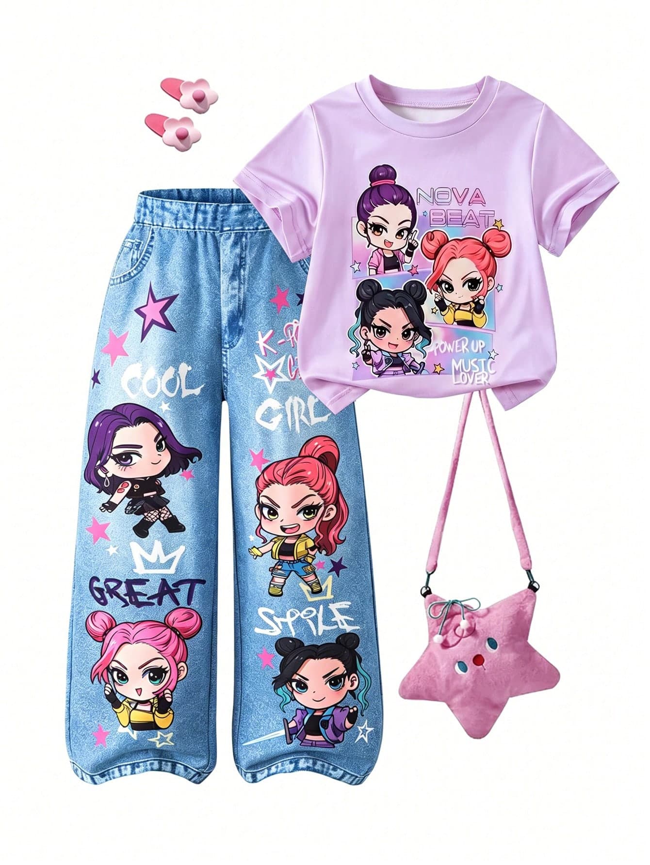 Girls' 2-Piece T-Shirt And Pants Set, Purple Short Sleeve Round Neck T-Shirt With Cute Cartoon Anime Print And Pocket, Straight Leg Long Pants, Summer Young Girl' Outfit, Vibrant Summer Vibe, Eye-Catching For Travel And School