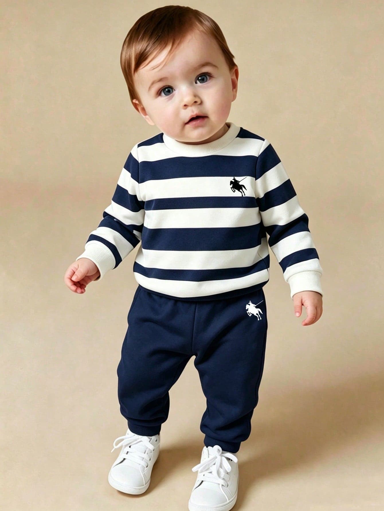 SHEIN Playful Pals Baby Boy Crew Neck Long Sleeve Sports Sweatshirt Sweatpants 2-Piece Set Collegiate Style Striped Pony Graphic Suitable For Autumn Back To School