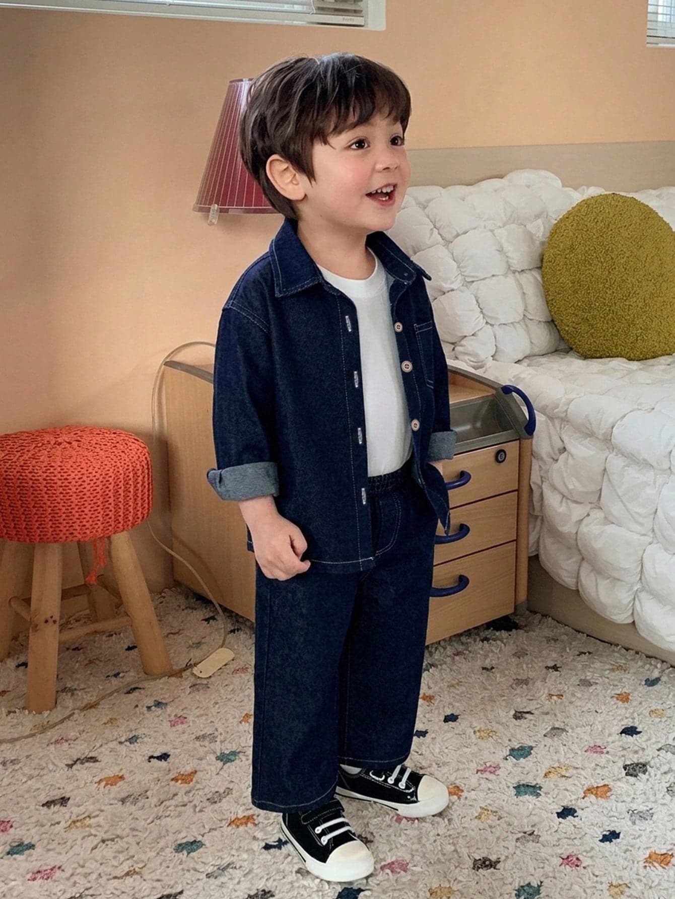 DAZY Baby Boy Turn-Down Collar Short Sleeve Washed Denim Top + Shorts Korean Casual 2-Piece Set Summer