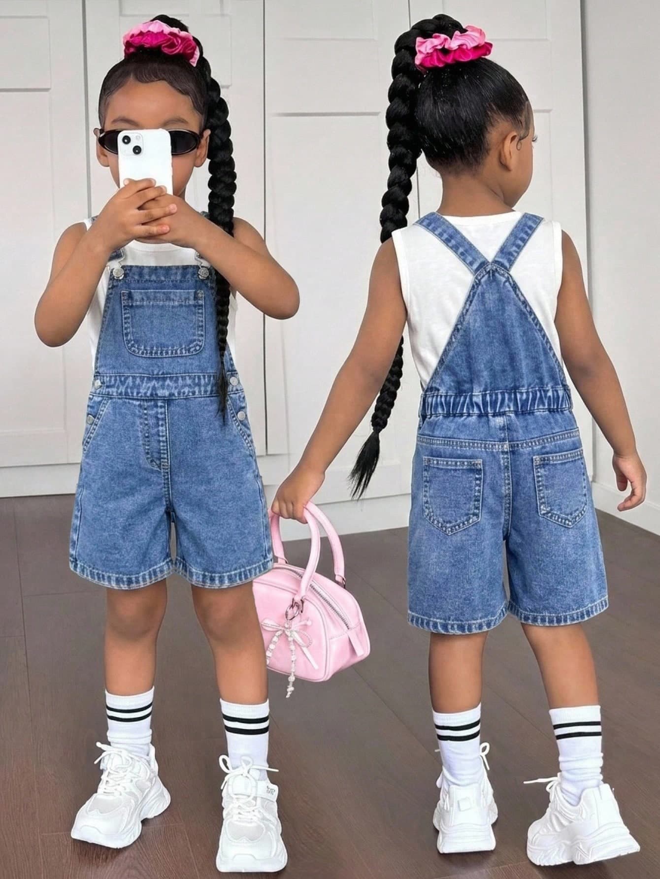 SHEIN Young Girls' Y2k Soft Daily Dark Blue Denim Loose Overalls Bermuda Jeans Shorts,Summer/Fall,Girls Playful Back-To-School Outfits