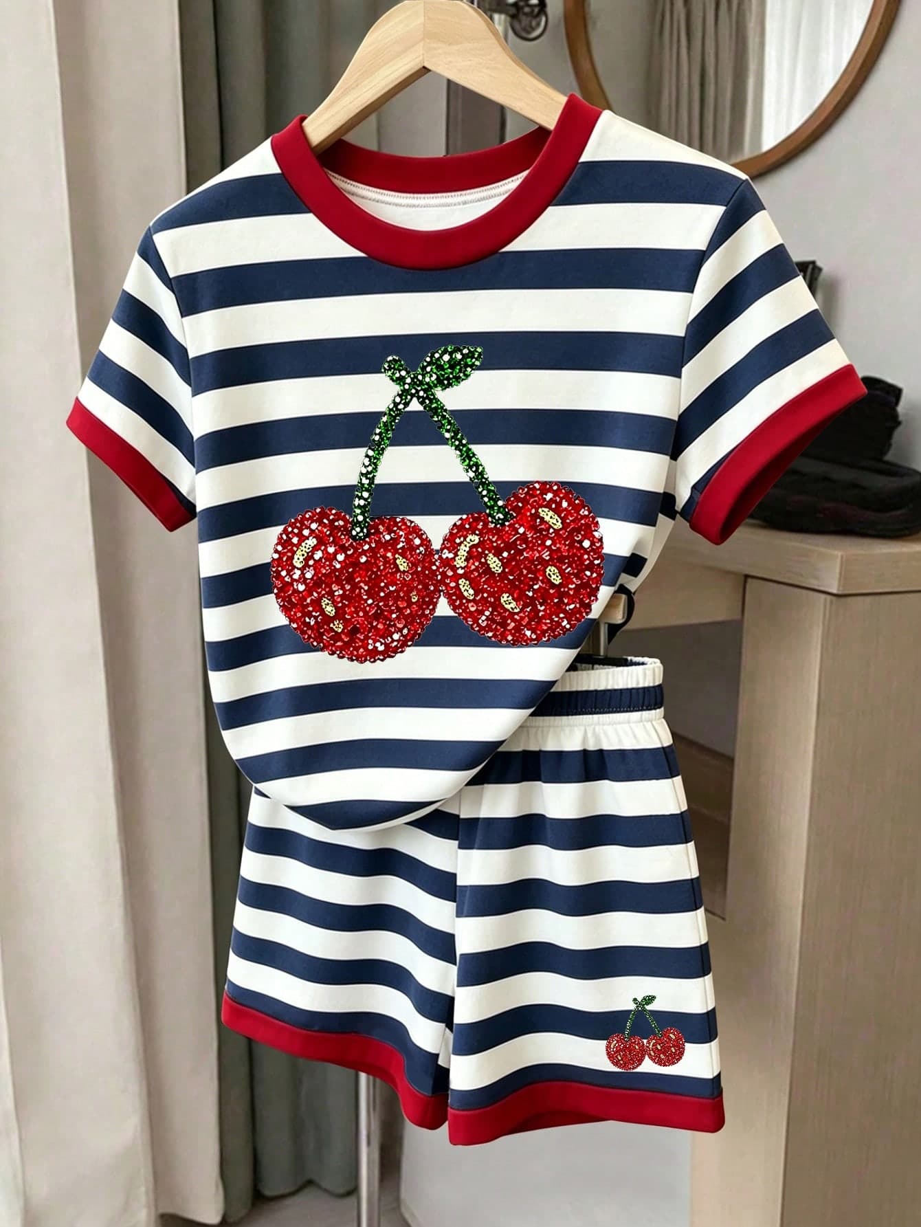 2pcs/Set Young Girl Casual Retro Colorful Striped Faux Cherry Rhinestone Print Round Neck Short Sleeve T-Shirt, Comfortable Summer And Autumn Style, Suitable For Daily Wear