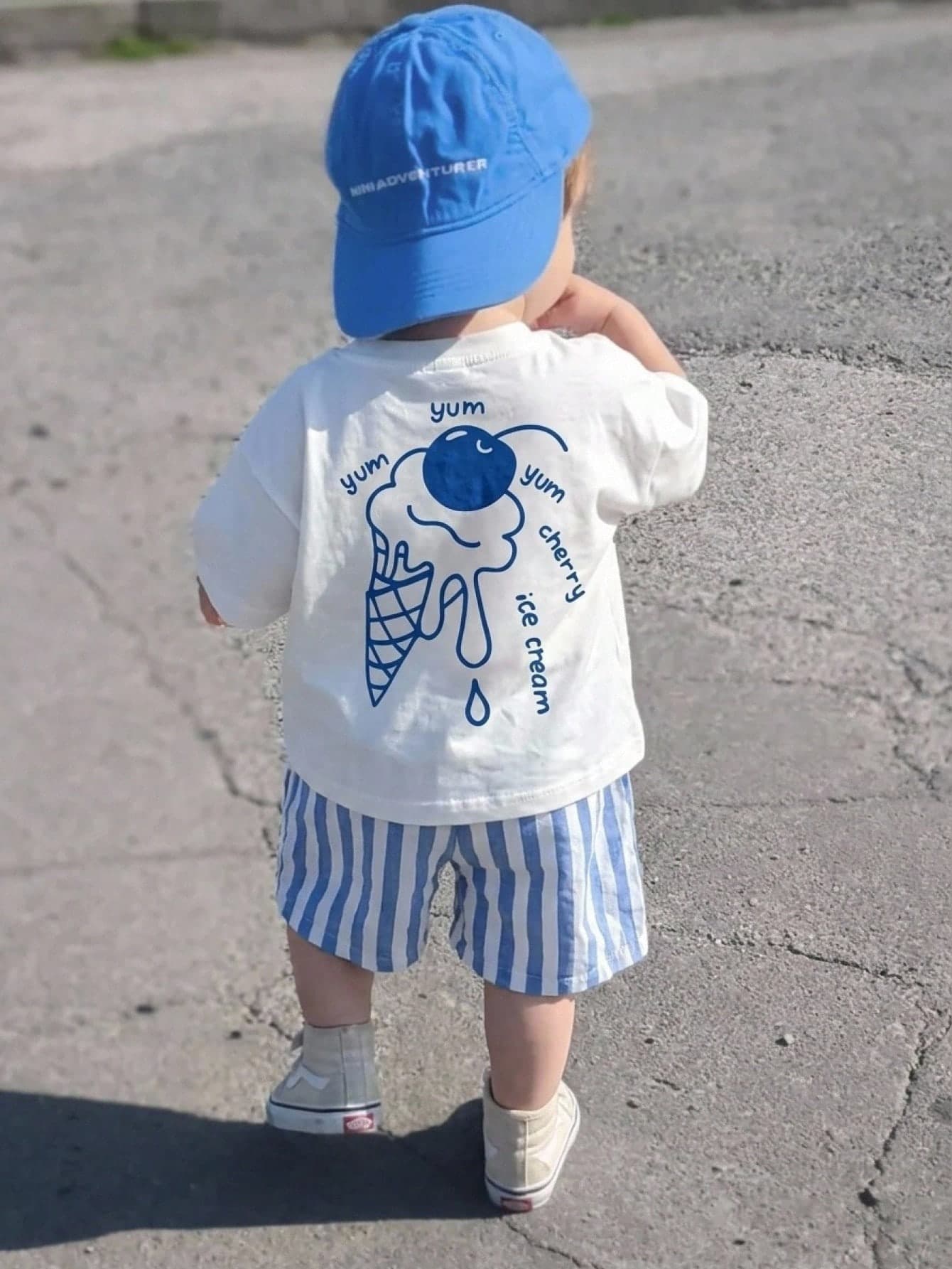 SHEIN Unisex Baby Boy/Girl Baby Boy 2pcs Spring/Summer Casual Cute Short Sleeve T-Shirt And Blue Striped Shorts Set, Baby Boy Outfit Sets, Baby Boy Summer Clothes, Squishy, Streetwear