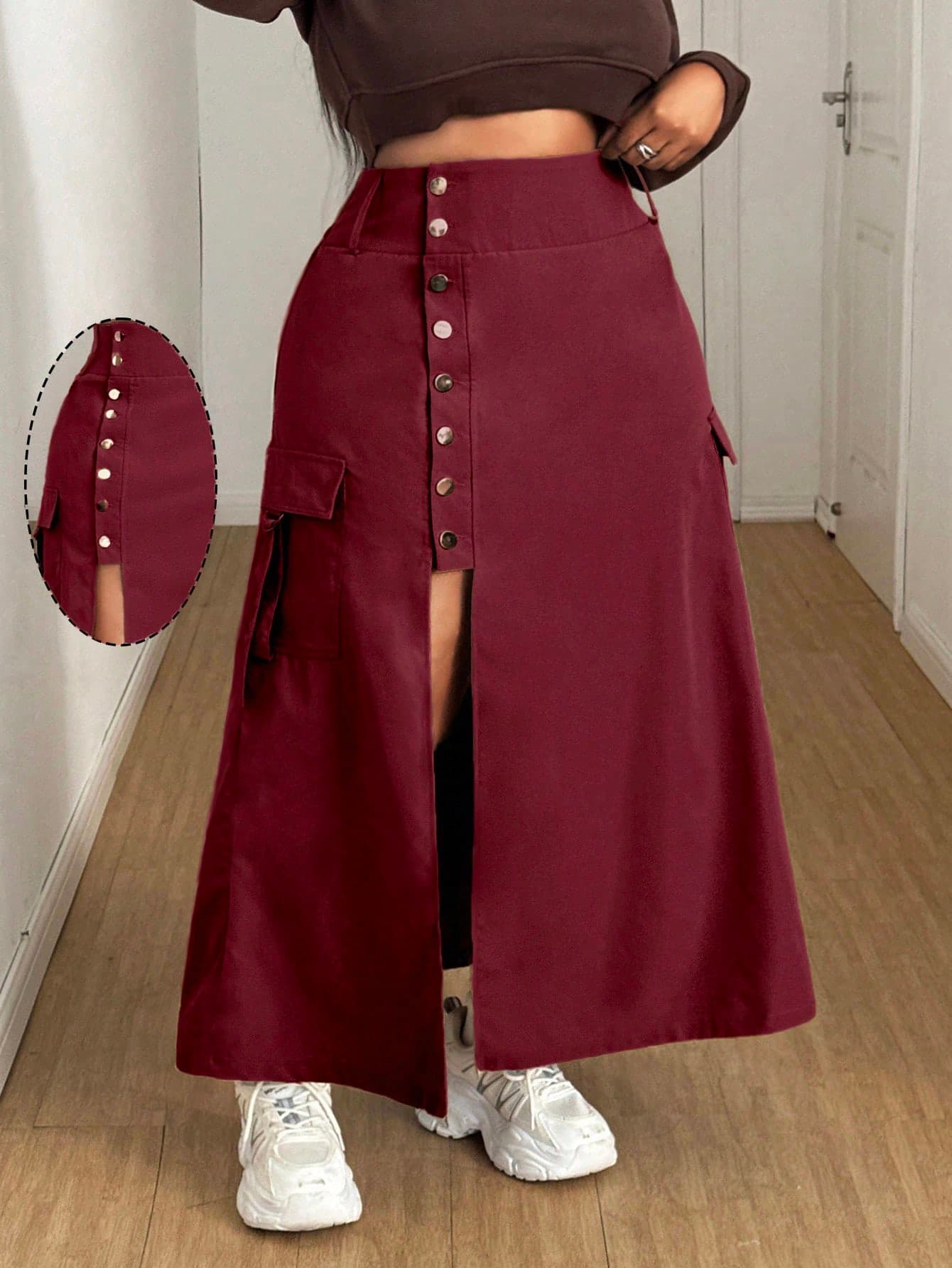 Maweii Autumn/Winter A-Line Slit Minimalist Casual Commute Long Plus Size Skirt