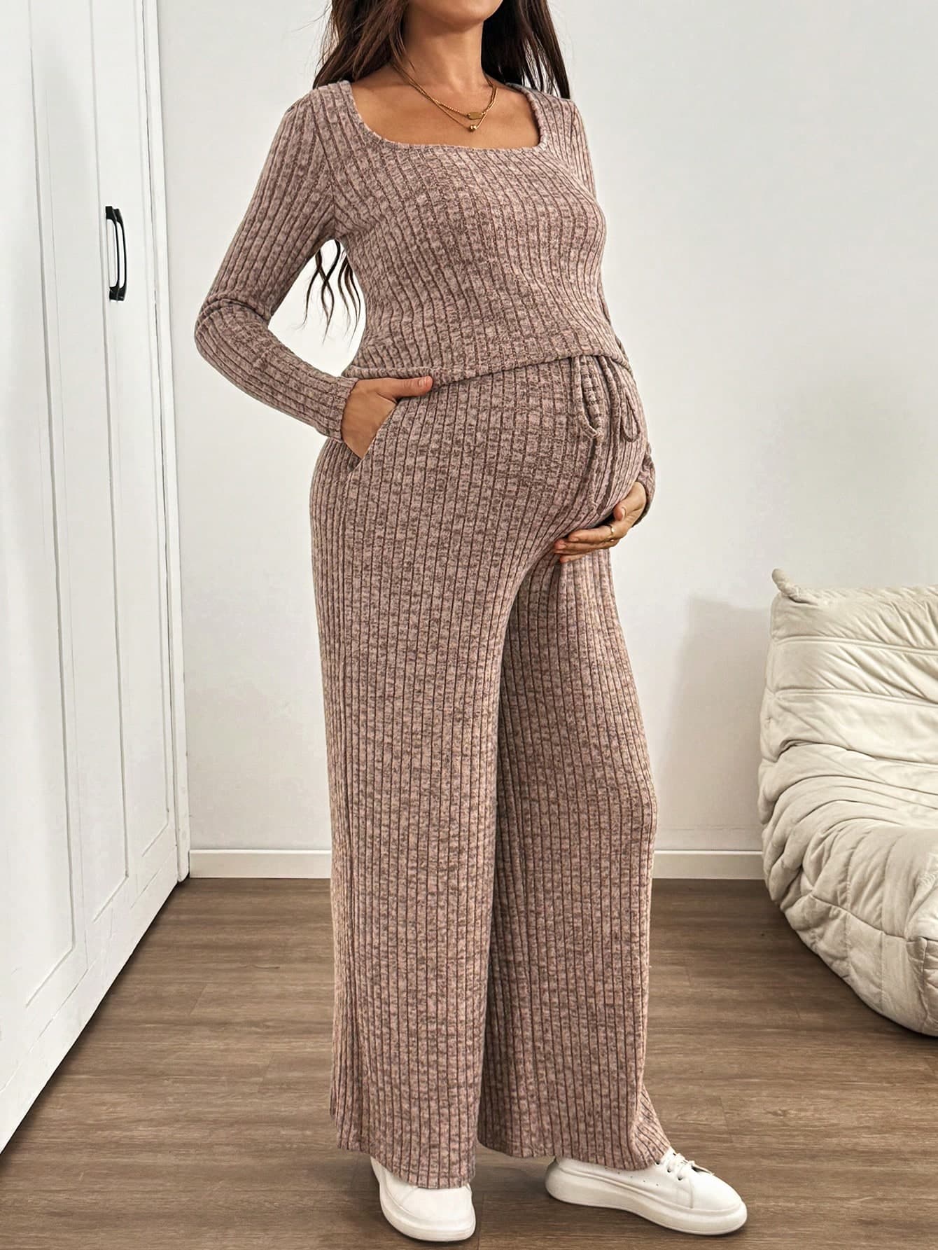 SHEIN Maternity Solid Color Square Neck Long Sleeve Ribbed T-Shirt And Pants Casual 2-Piece Set Fall