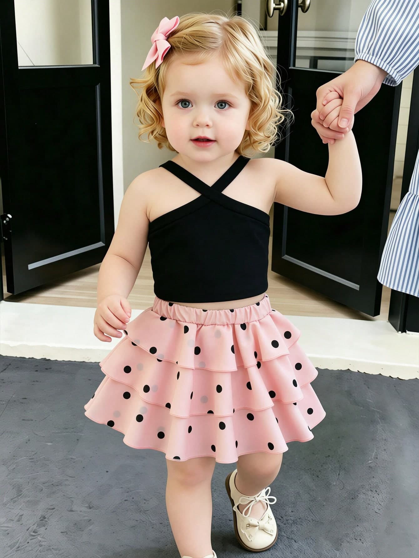 SHEIN Playful Pals 2026 Summer New Girls Black & White Polka Dot Cake Dress Set, Criss-Cross Strap Design Sweet & Cool Style 2 Pieces Set, Baby Girl Korean Style Elegant Vacation Princess Dress