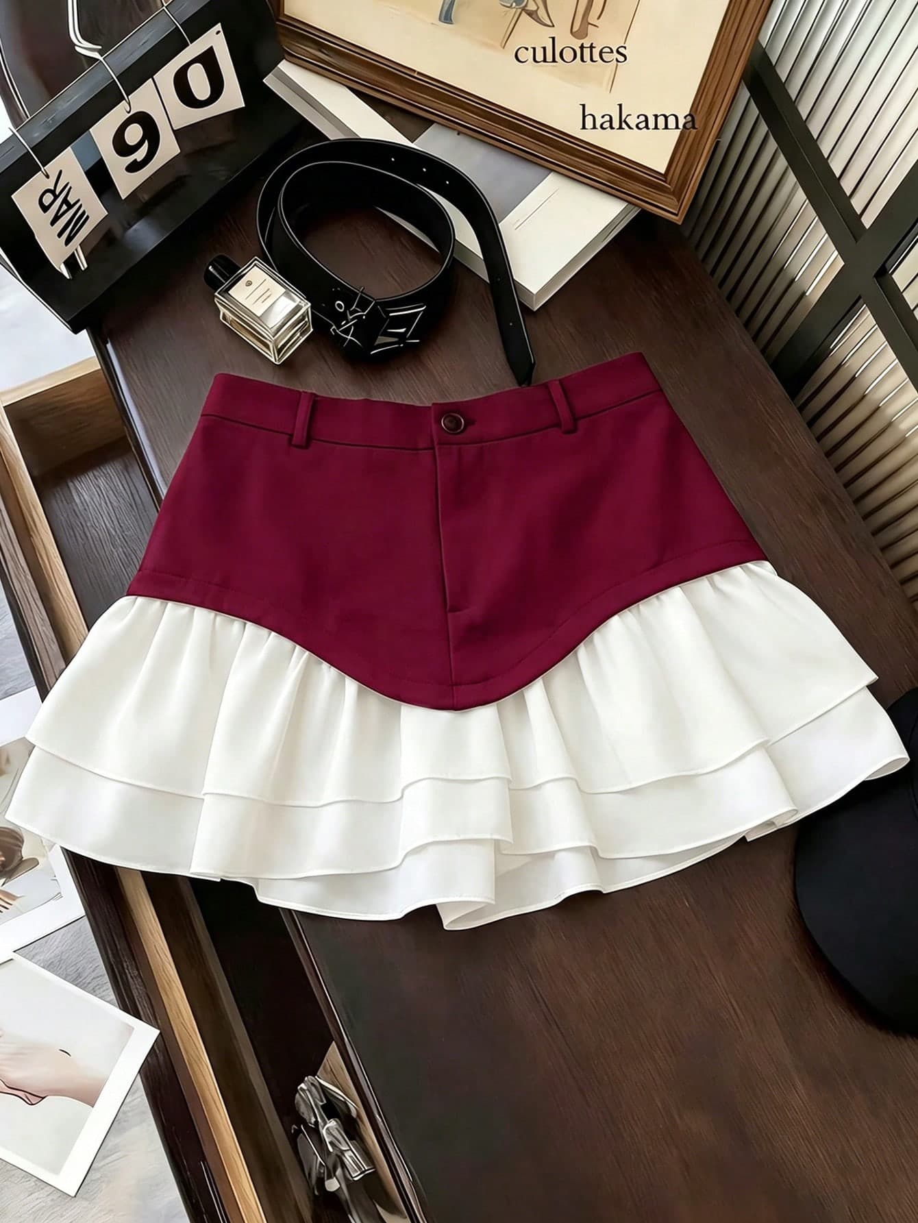 Franclia Plus Size French Style Casual Cute Kawaii Cinched Waist Wavy Asymmetrical Double Layer Ruffle Graduation Brunch Office Teacher Mini Skirt Autumn White