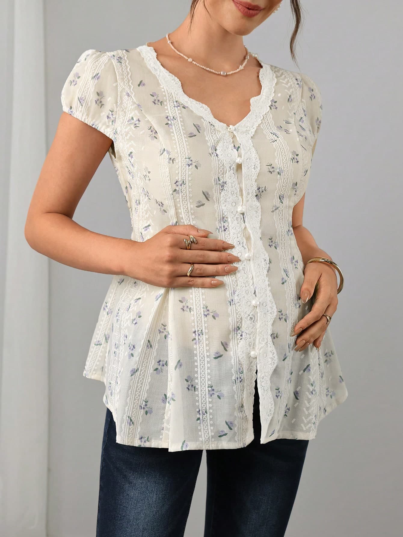 SHEIN Maternity Ditsy Floral Petal Sleeve Blouse With Lace Trim And Front Opening