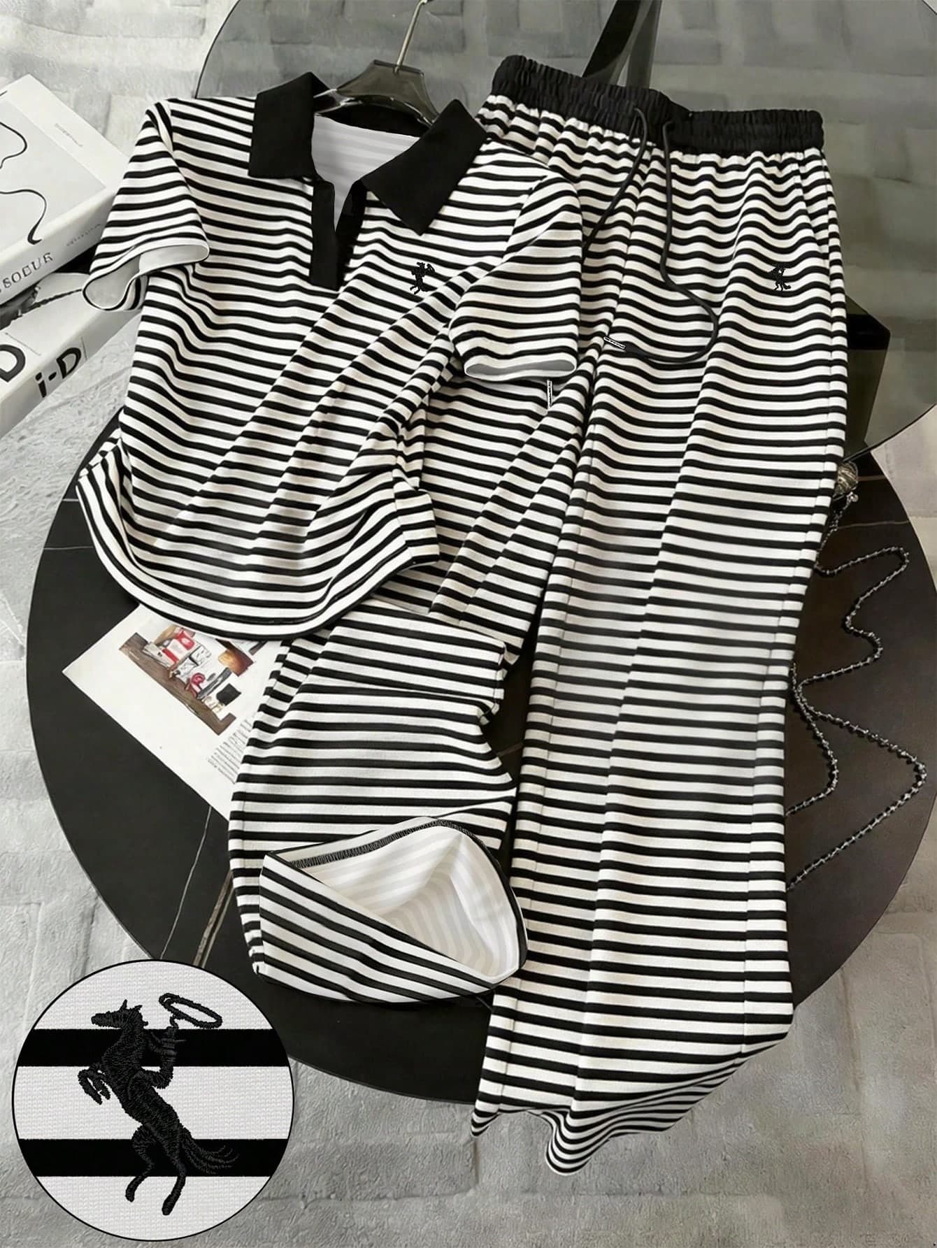 Resyla Striped Digital Print Fashionable Minimalist Women's Polo Collar T-Shirt + Pants Set, Gift For Friends