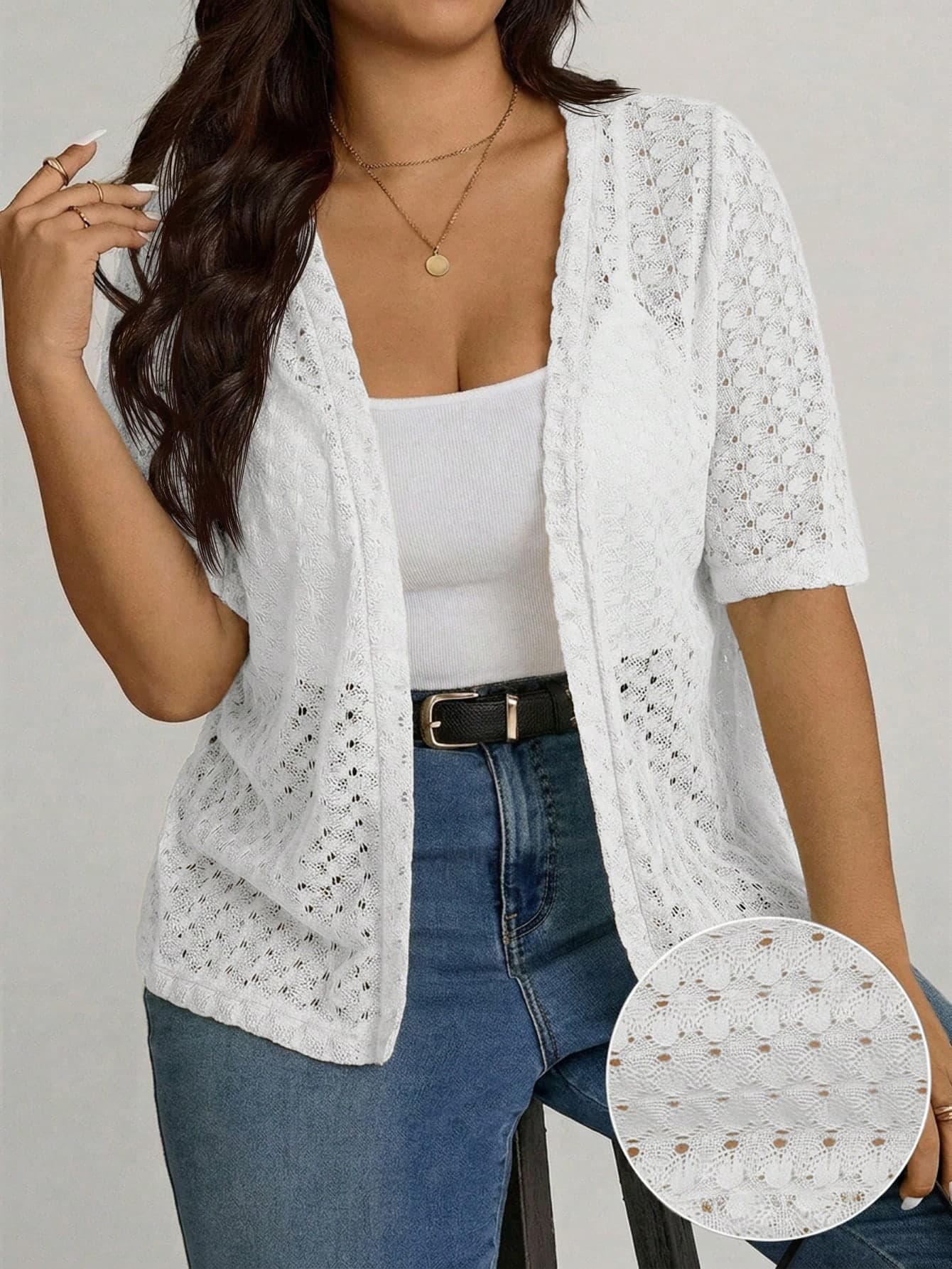 Comfylo Plus Size Women's Knitted Jacquard Short Sleeve Cardigan