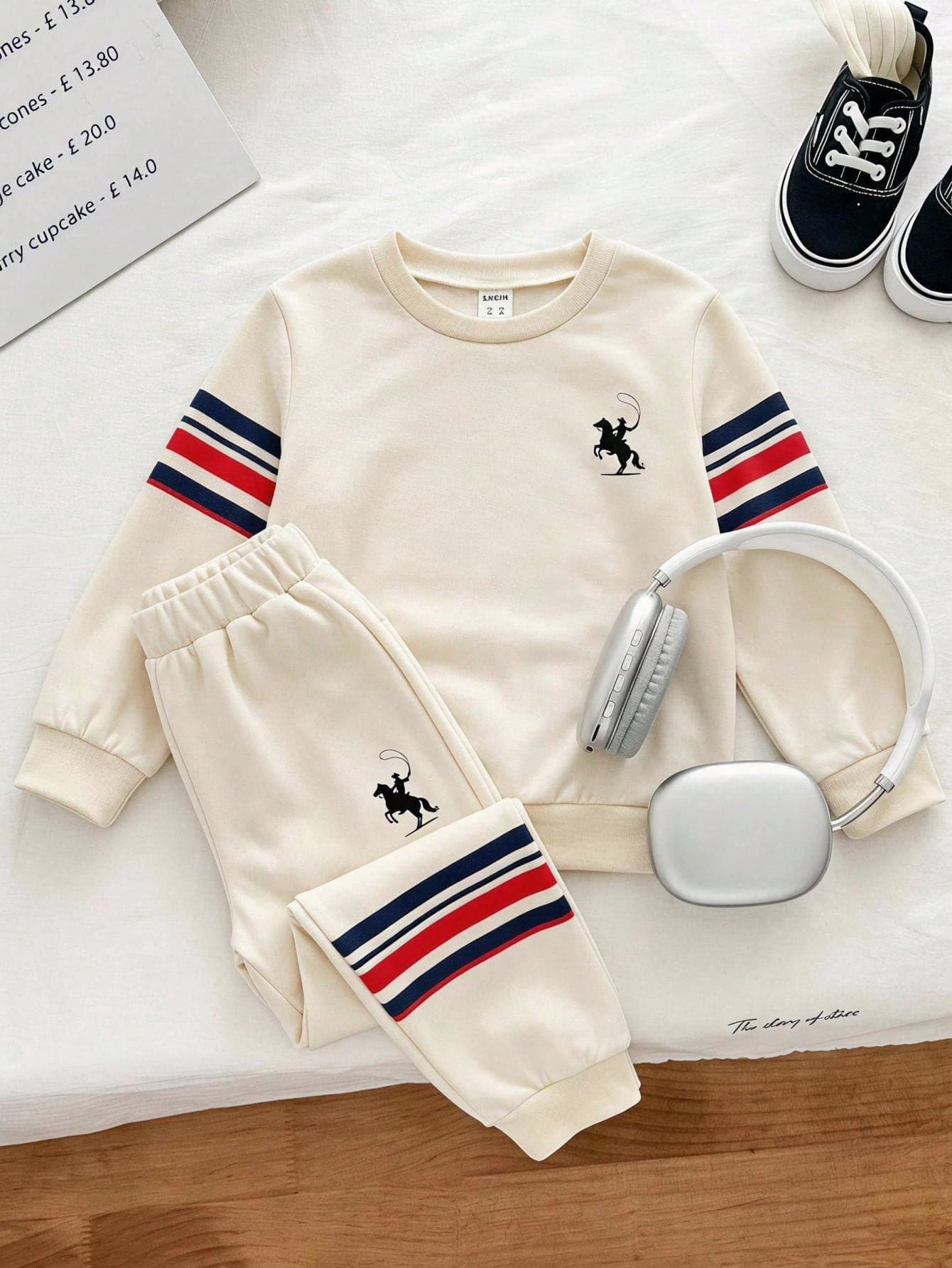 Genkimix Kids 2pcs/Set Young Boy Casual Sports Academy Street Style Cute Cool Wing Pattern Color Block Striped Sweatshirt + Pants, Suitable For Daily Wear, School, Outings, Sports, Spring And Autumn, Providing Multiple Matching Options For Boys, Increasing Clothing Combination Diversity, Simple And Elegant Design, Comfortable And Fashionable