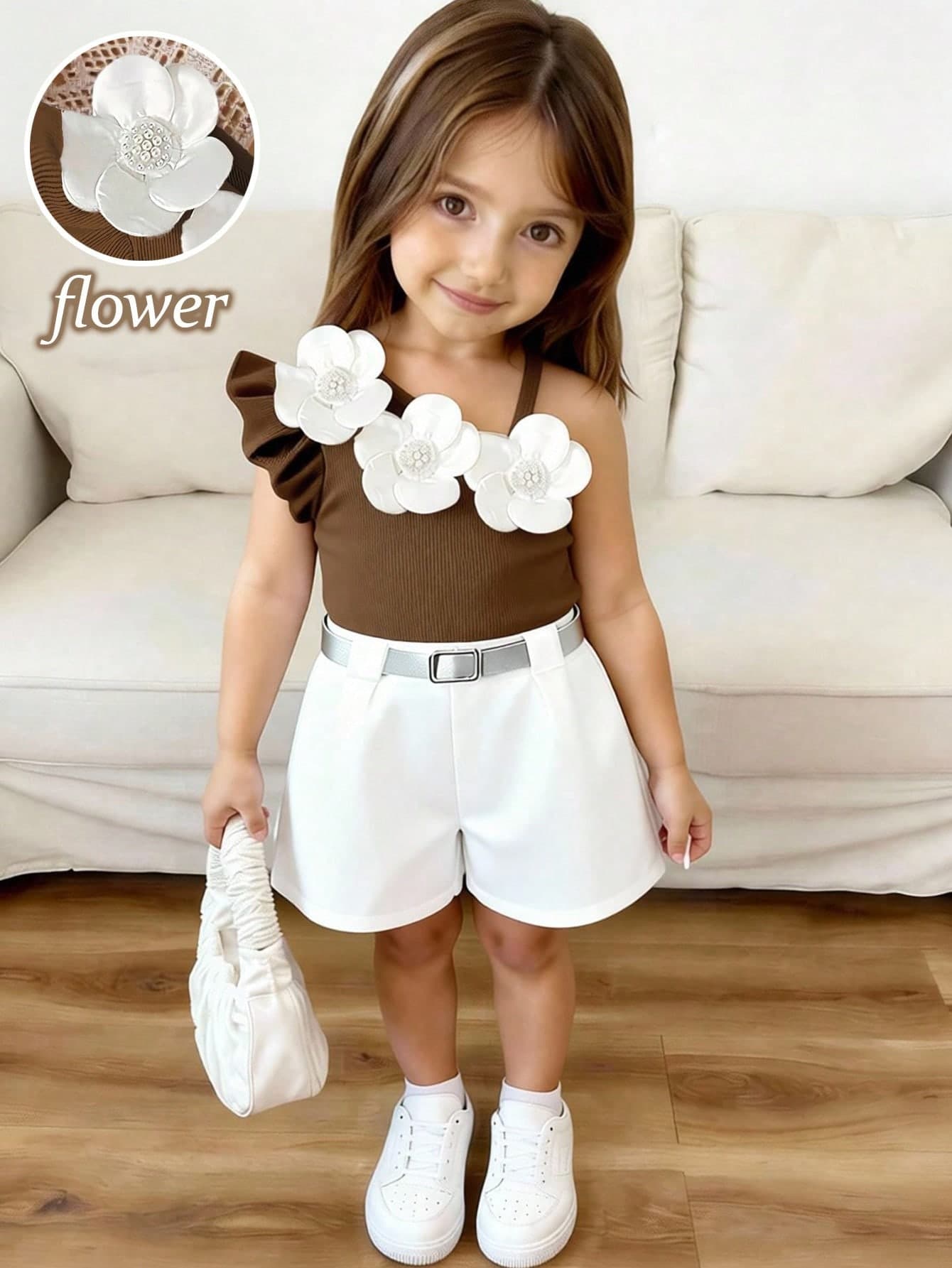 SHEIN Elladie kids Girls Summer Two-Piece Outfit, Asymmetrical One Shoulder Brown Top With 3D White Floral Applique, High Waist Solid White Wide Leg Shorts,