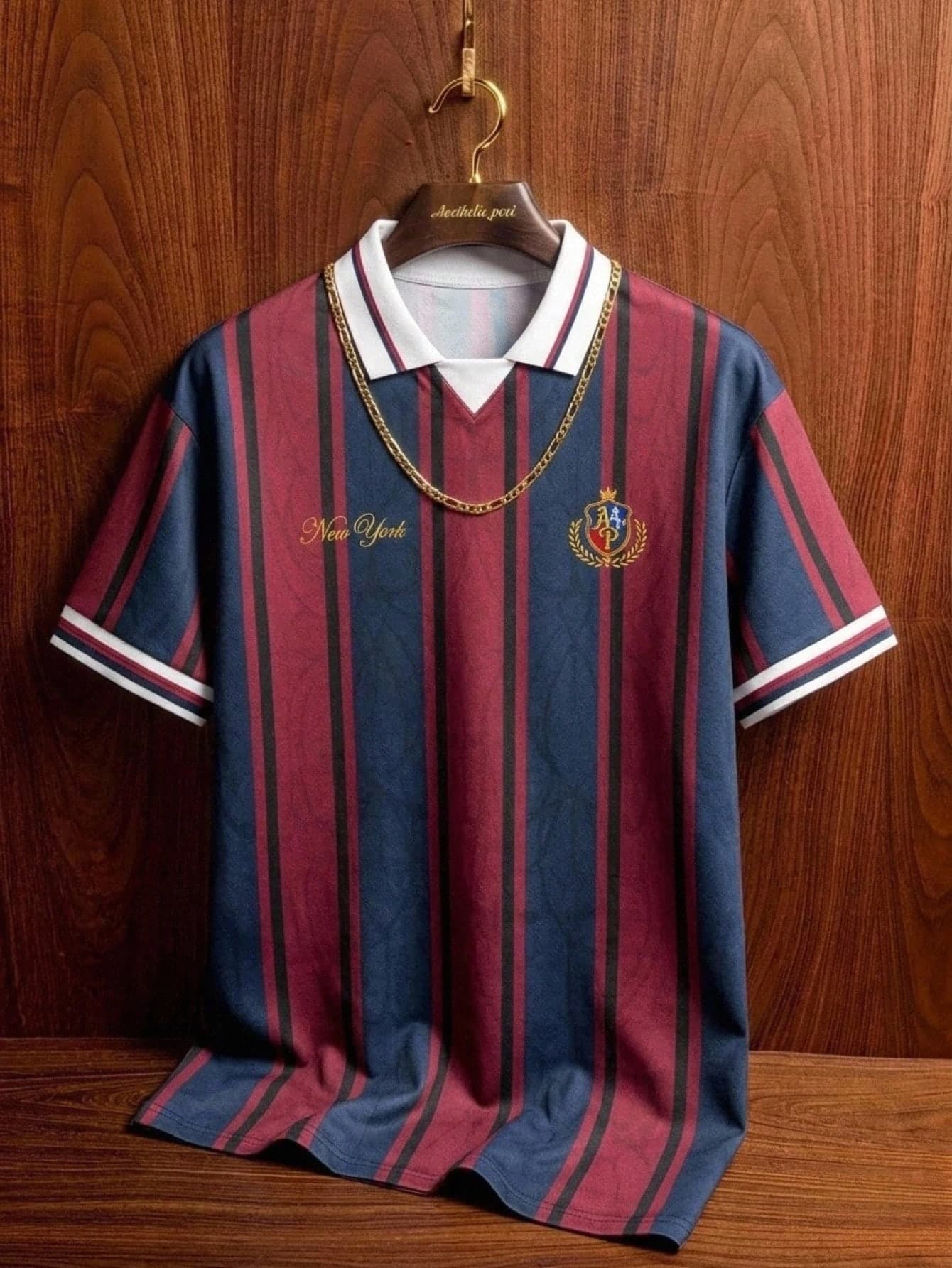 Aesthetic Post Men's Retro Football Soccer Style Polo,Blue And White Stripe,Summer,Streetwear,Golf,Back-To-School,"New York" Print Casual Preppy Shirt For Guys,Girls