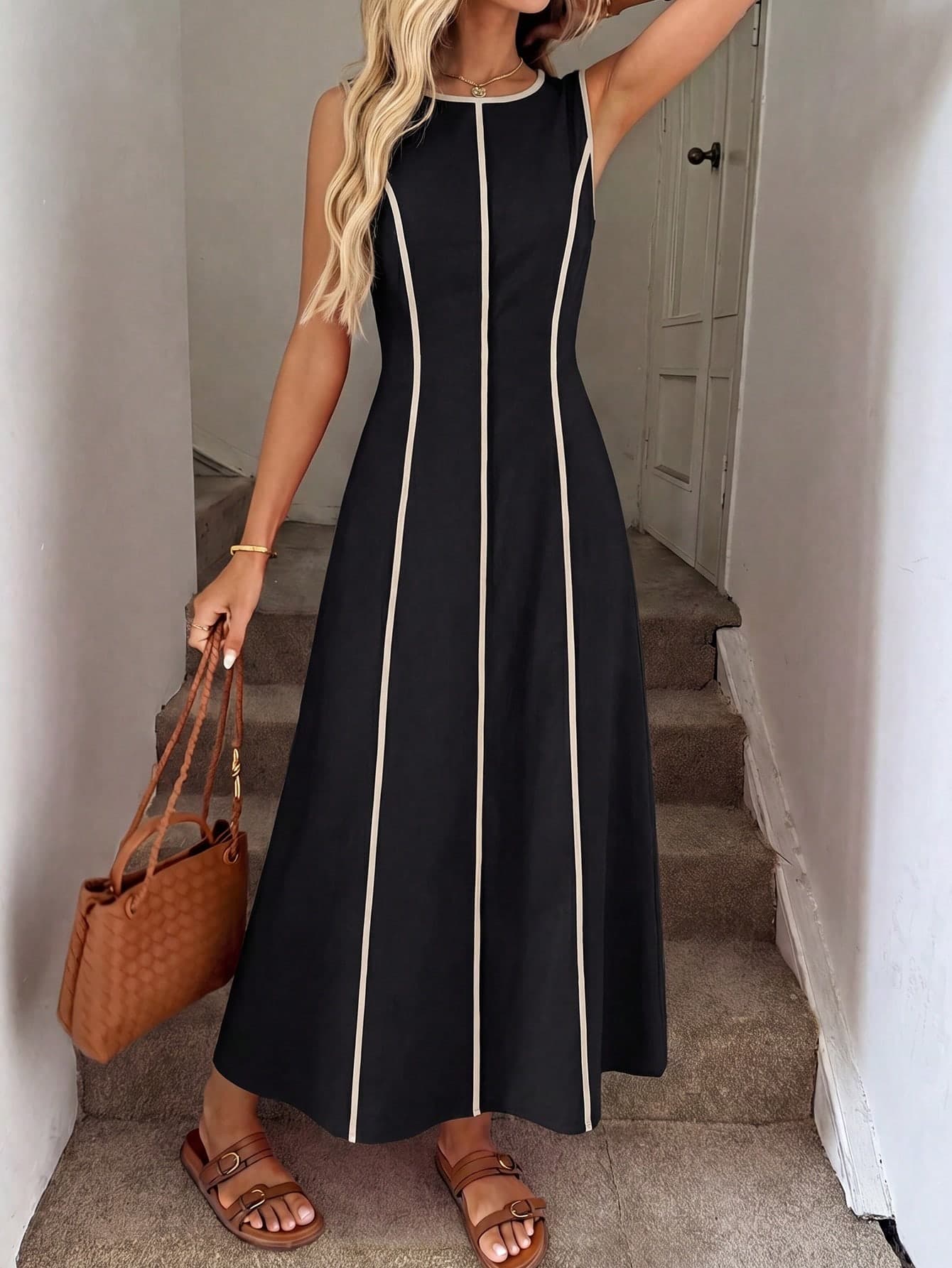 Easowa Women's Chic Black And Beige Stripe Patchwork Summer Dresses,Elegant Versatile Dress Suitable For Vacation,Daily Wear,Tea Party,Brunch,Summer