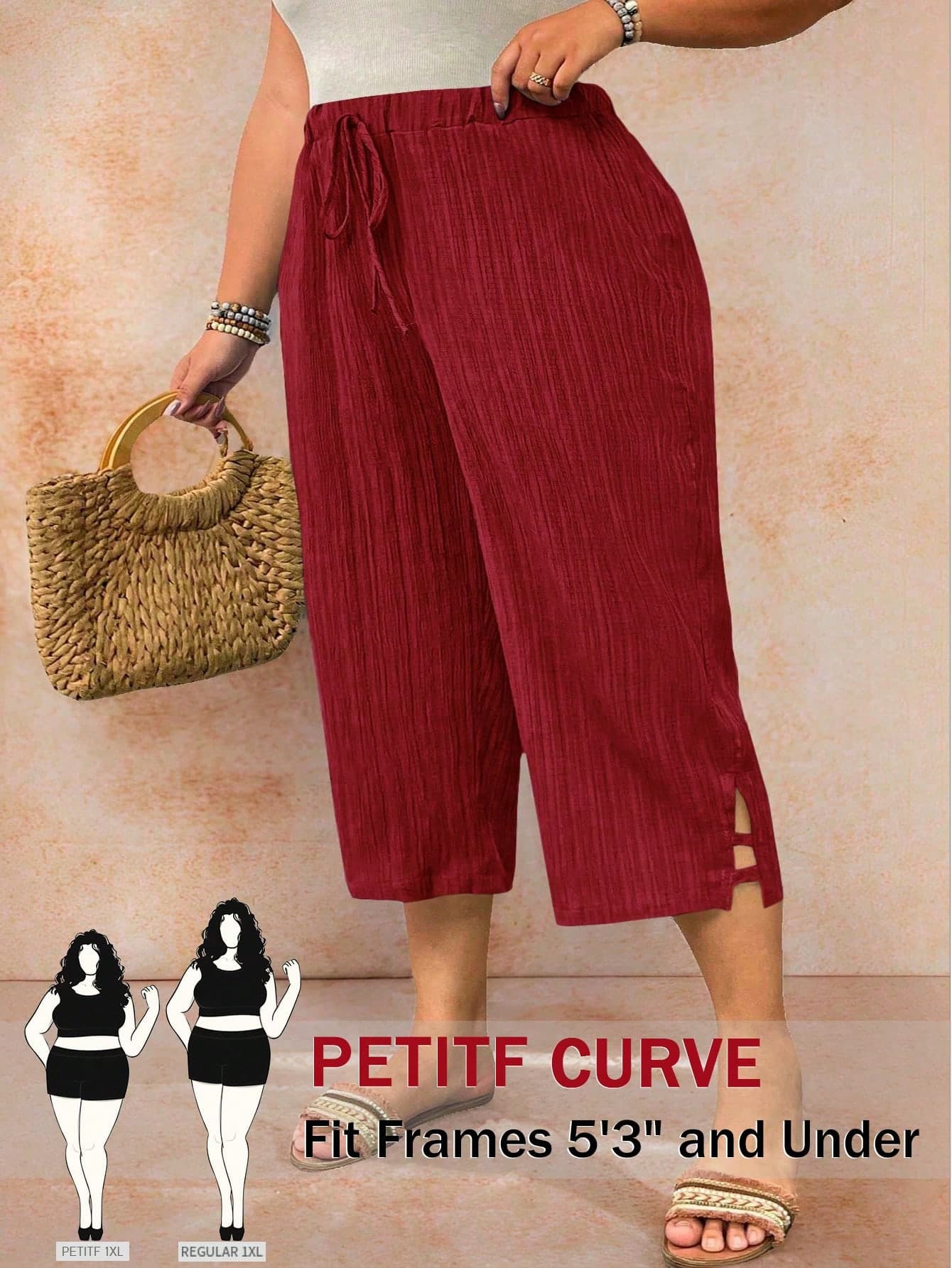 SHEIN PETITE Plus Size Black Casual Textured Fabric Summer Petite 7/8 Length Vacation Pants