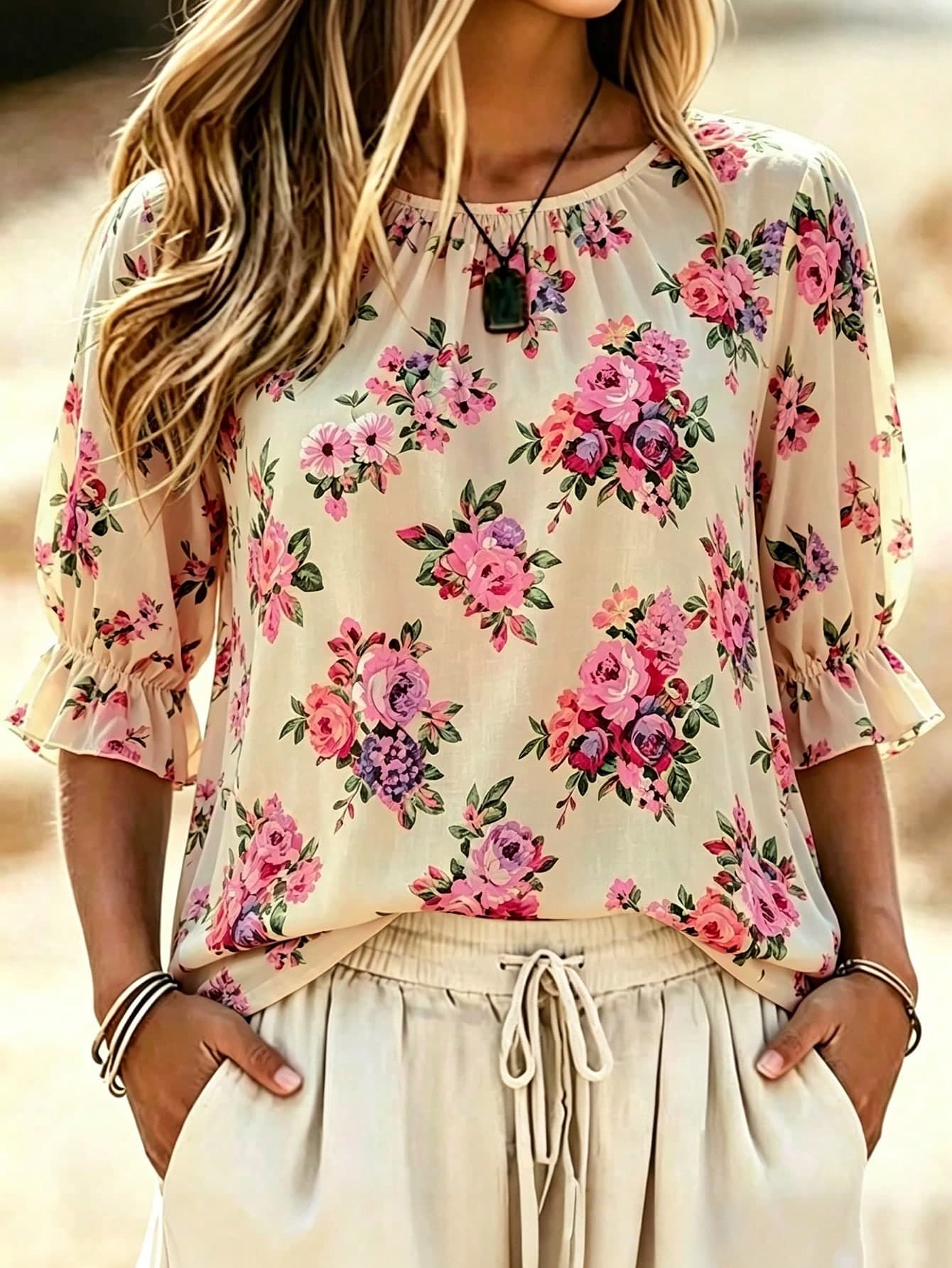 Linhara CURVE Plus Size Women's Floral Print Pleated Casual Versatile Daily Wear Blouse Airport Holiday Vacation Beige Summer