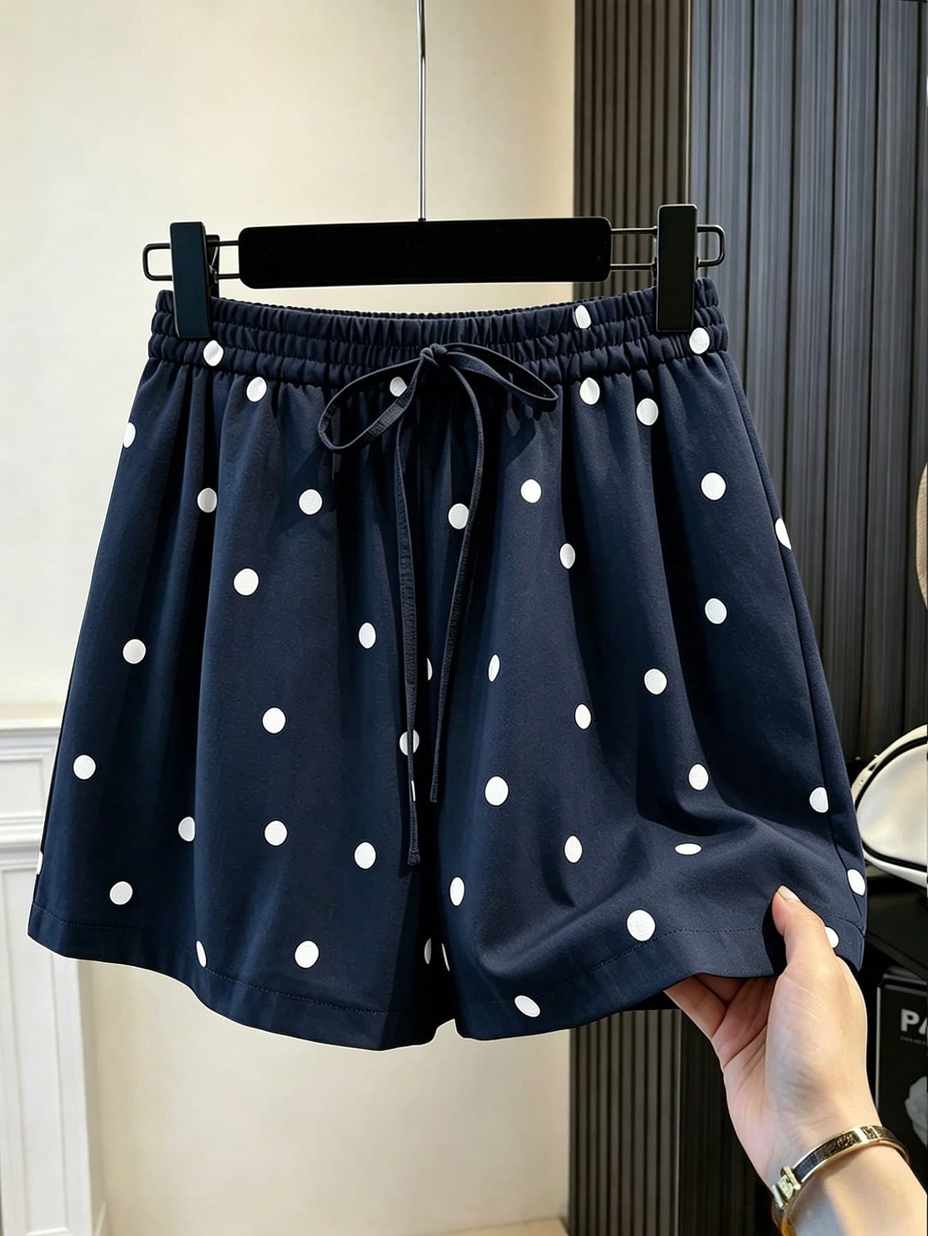 GlowEve CURVE Plus Size Women's Polka Dot Loose Casual Cute Woven Daily Sweet Beach Vacation Lazy Relaxed Vintage Korean Style Commute Shorts Navy Blue Summer
