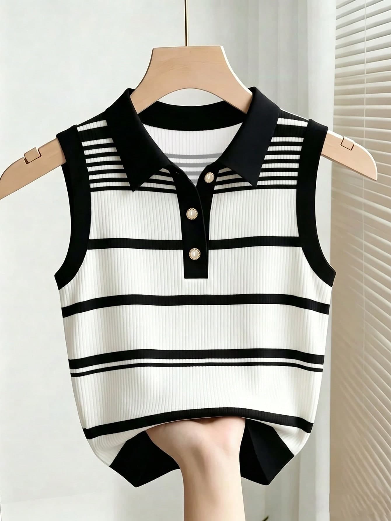 Resyla Black And White Striped Polo Collar Sleeveless Pearl Button Knit Women's Vest