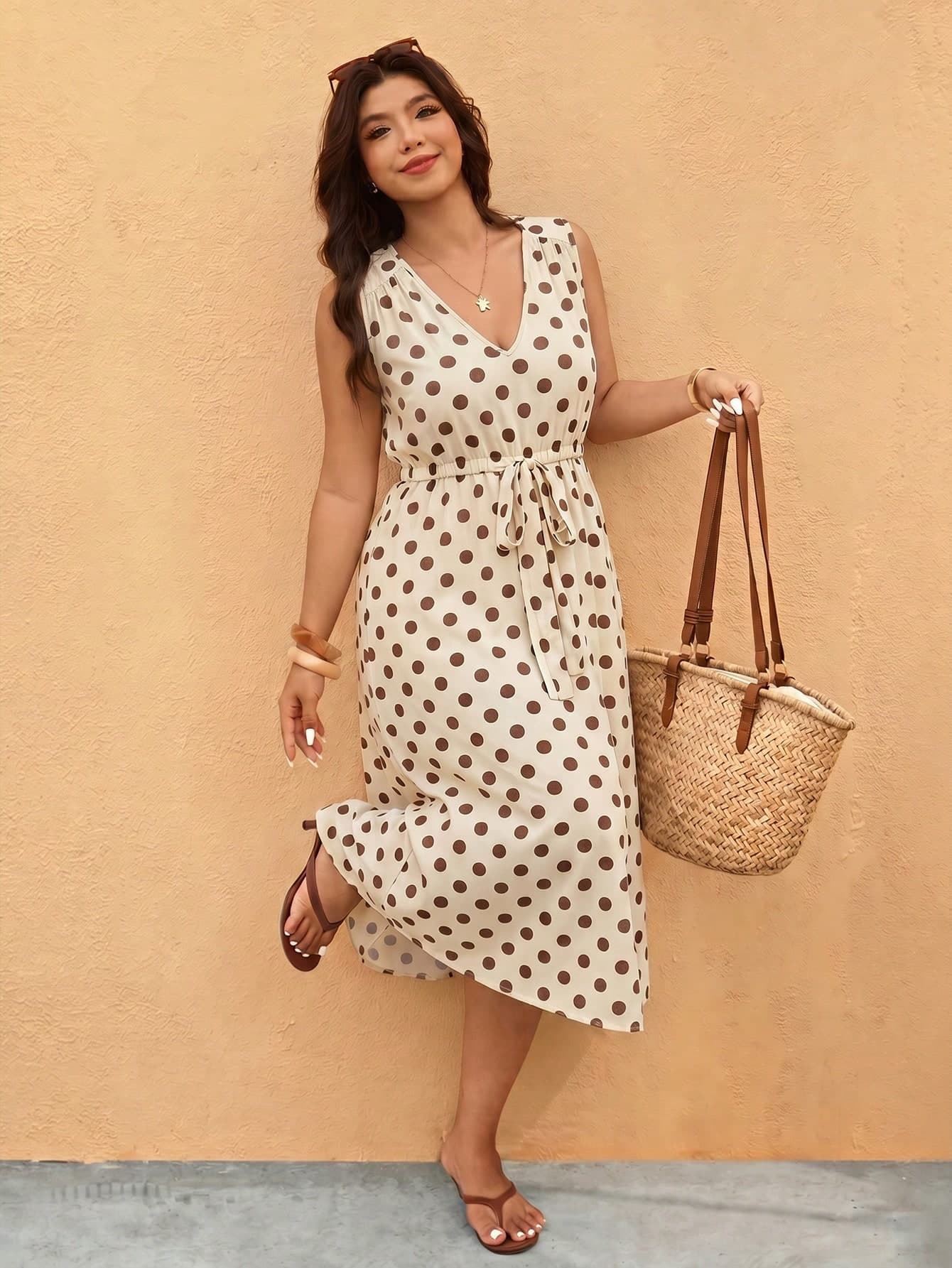 SHEIN Essnce Plus Size Women's Summer Casual Vacation Color Block Polka Dot Print V-Neck Sleeveless Drawstring Waist Dress, Suitable For Casual Vacation Wear