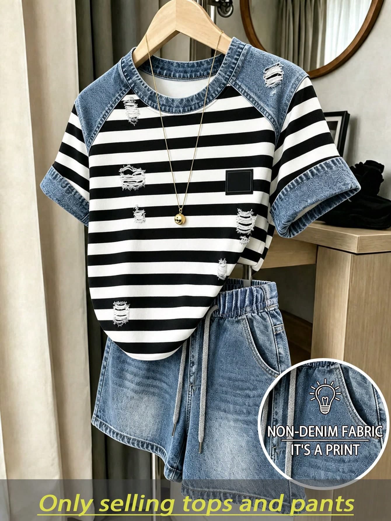 Resyla Women's Summer Casual Striped Patchwork Denim Effect Print T-Shirt And Shorts Set