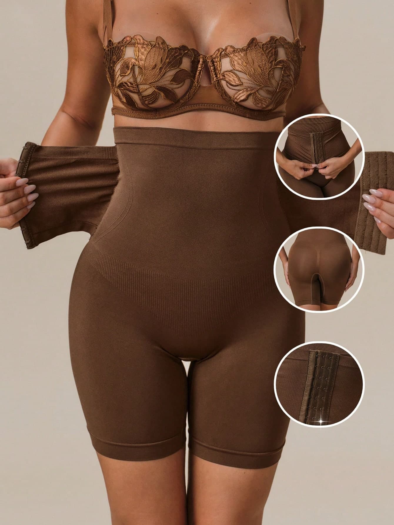 Lumalex One-Piece High-Waisted Seamless Shaping Pants, Front Hook And Loop, Plus Size Shaping Pants, Brown Shapewear, Plus Size Shapewear, Adjustable.