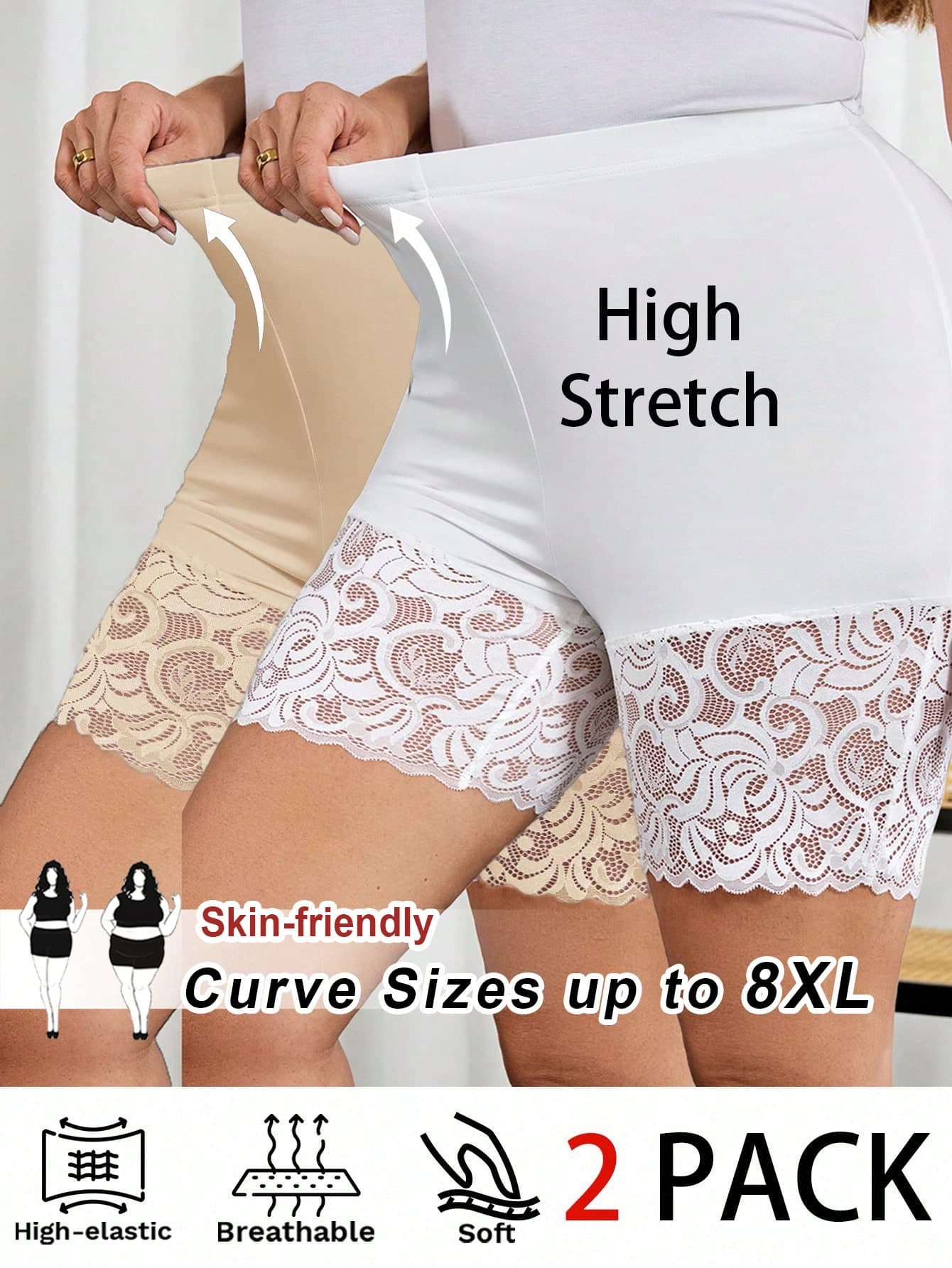 SHEIN CURVE+ Plus Size Solid Color Lace Patchwork Leggings Formal White Apricot Summer Casual
