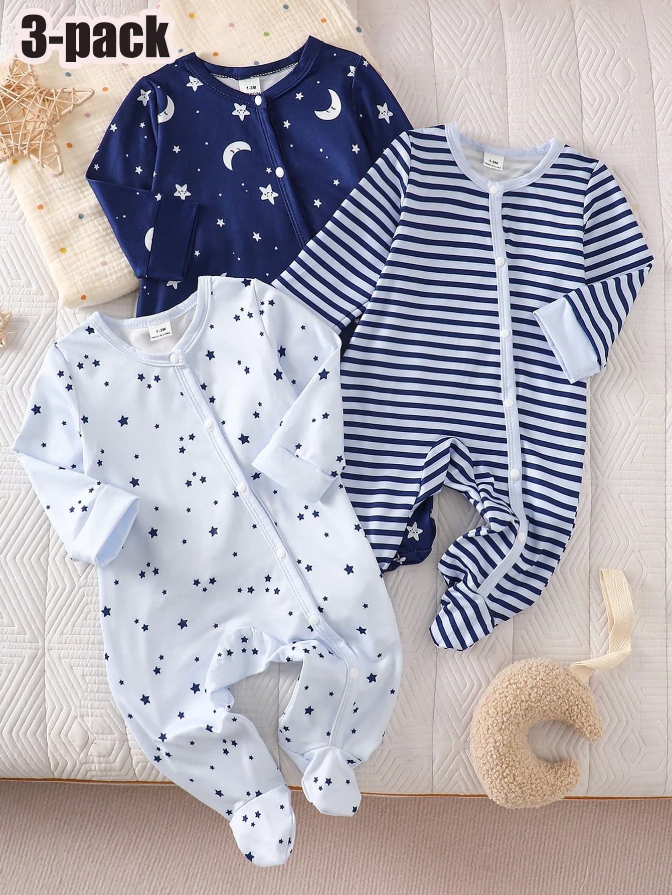 Baby Boy & Girl Blue Newborn 3-Piece Set, Footed Romper With Fun Striped Star & Moon Pattern, Casual Cute Comfortable For Outings & Home, All Seasons