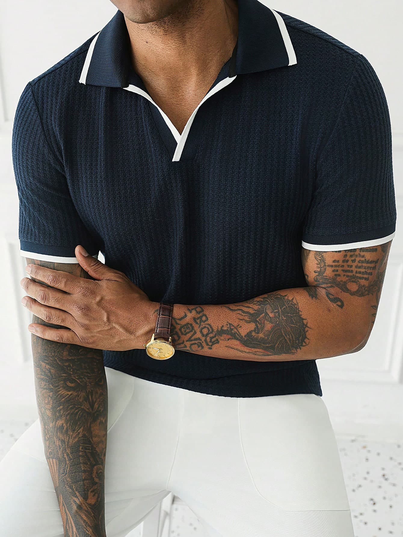 HUEFORM Men's Old Money Style Contrast Trim Textured Knit Slim Fit Casual Everyday Versatile Short Sleeve Polo Shirt For Men