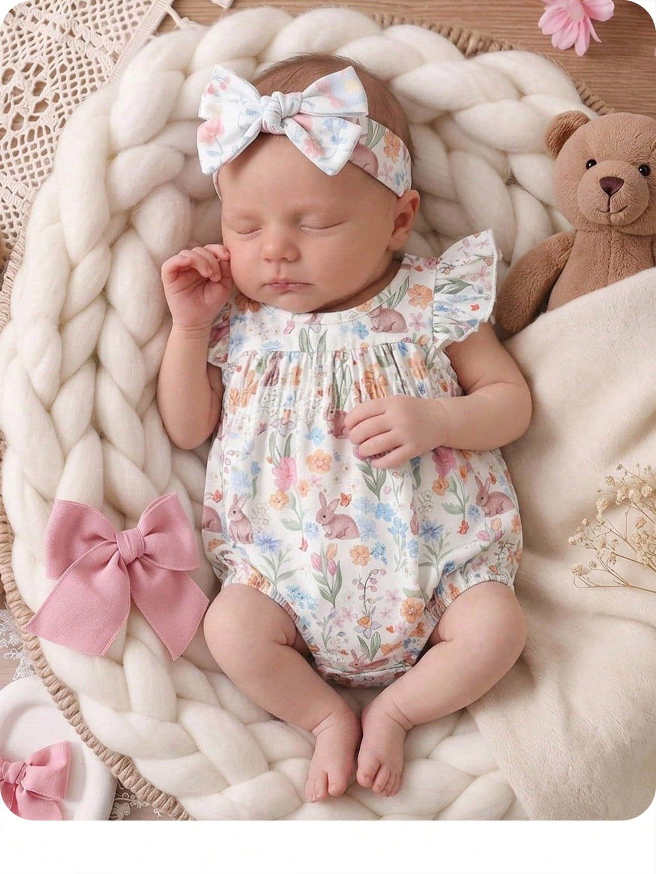 SHEIN LMoss Kids Newborn Baby Girl Cute Summer Casual Floral Print Flutter Sleeve Romper
