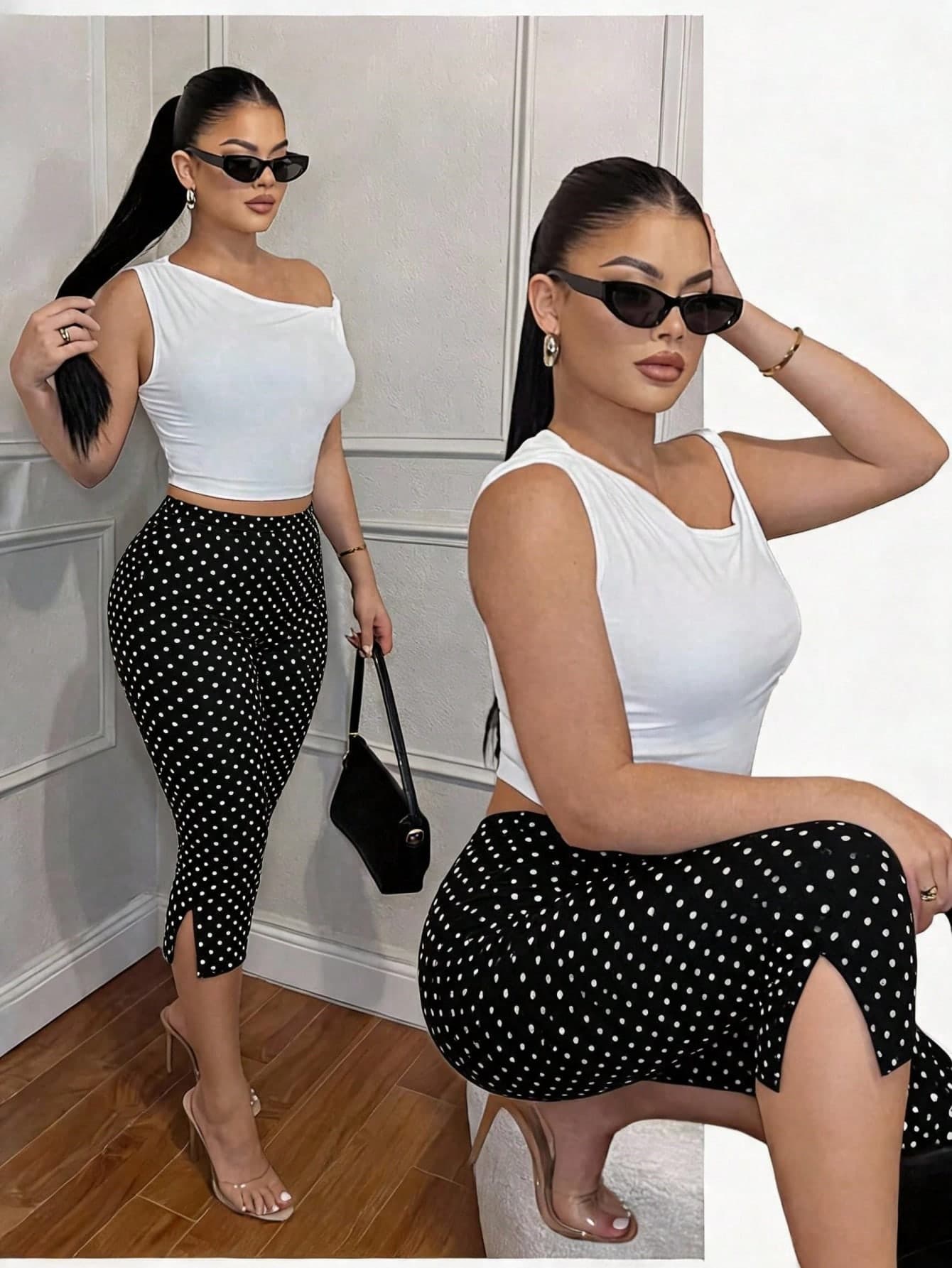 SHEIN SXY Black And White Polka Dot Print High-Elastic Knit High-Waist Cropped Leggings,Capri Pants,Casual 1950s Vintage 70's 80s Traditional,Office Date Night