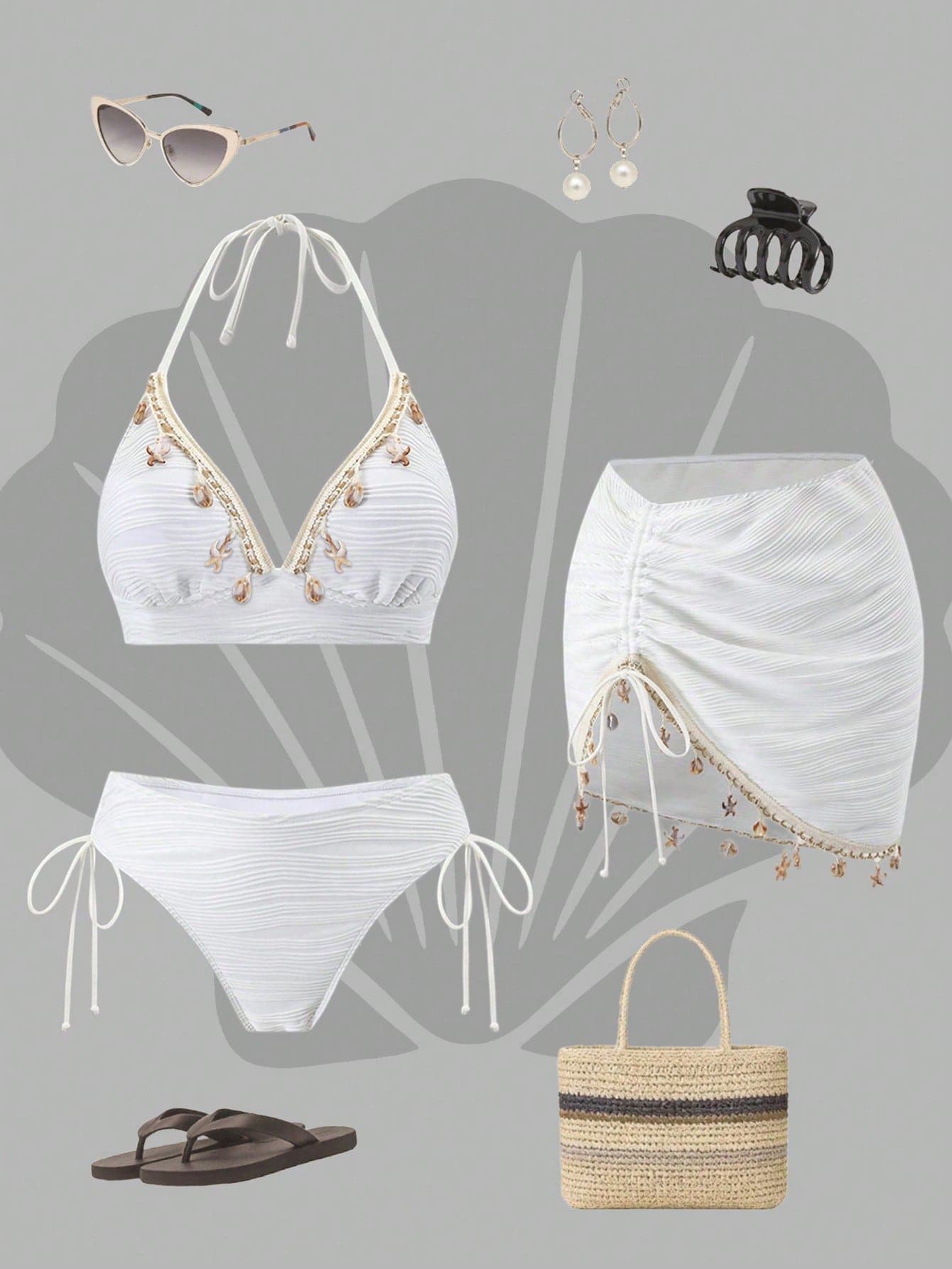 Swim Oasis Women's Summer Beach Vacation White Textured Shell-Tassel Bikini Set With Drawstring Beach Skirt