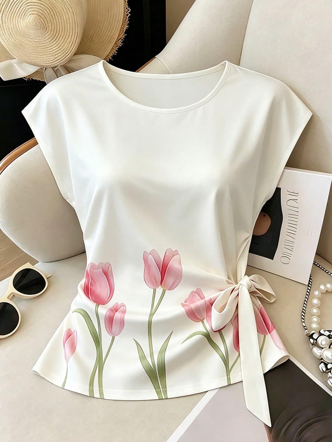 GlowEve CURVE Plus Size Apricot Tulip Print Hem Simple Minimalist Commuter Basic T-Shirt